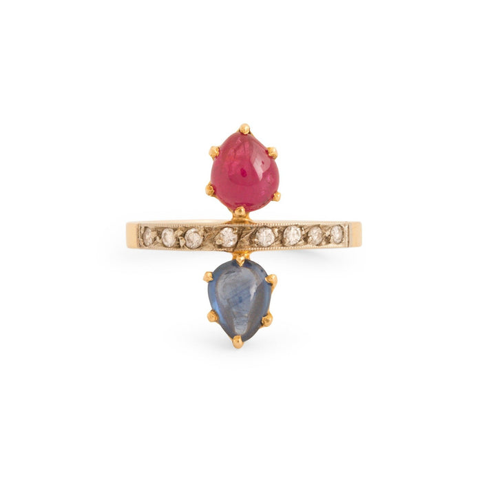French Ruby and Sapphire Toi et Moi 18k Gold Ring