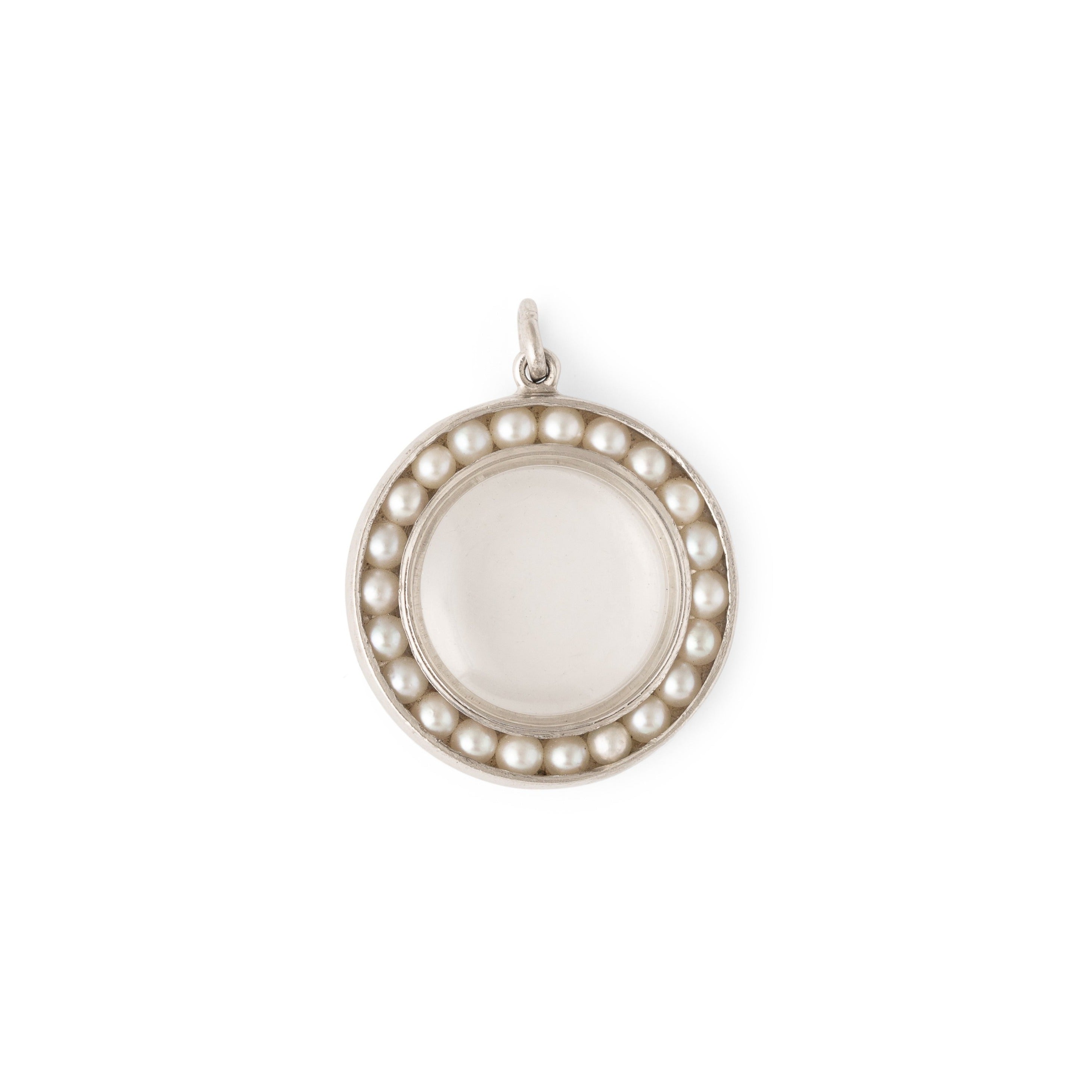 Pearl and 14k White Gold Round Locket Necklace