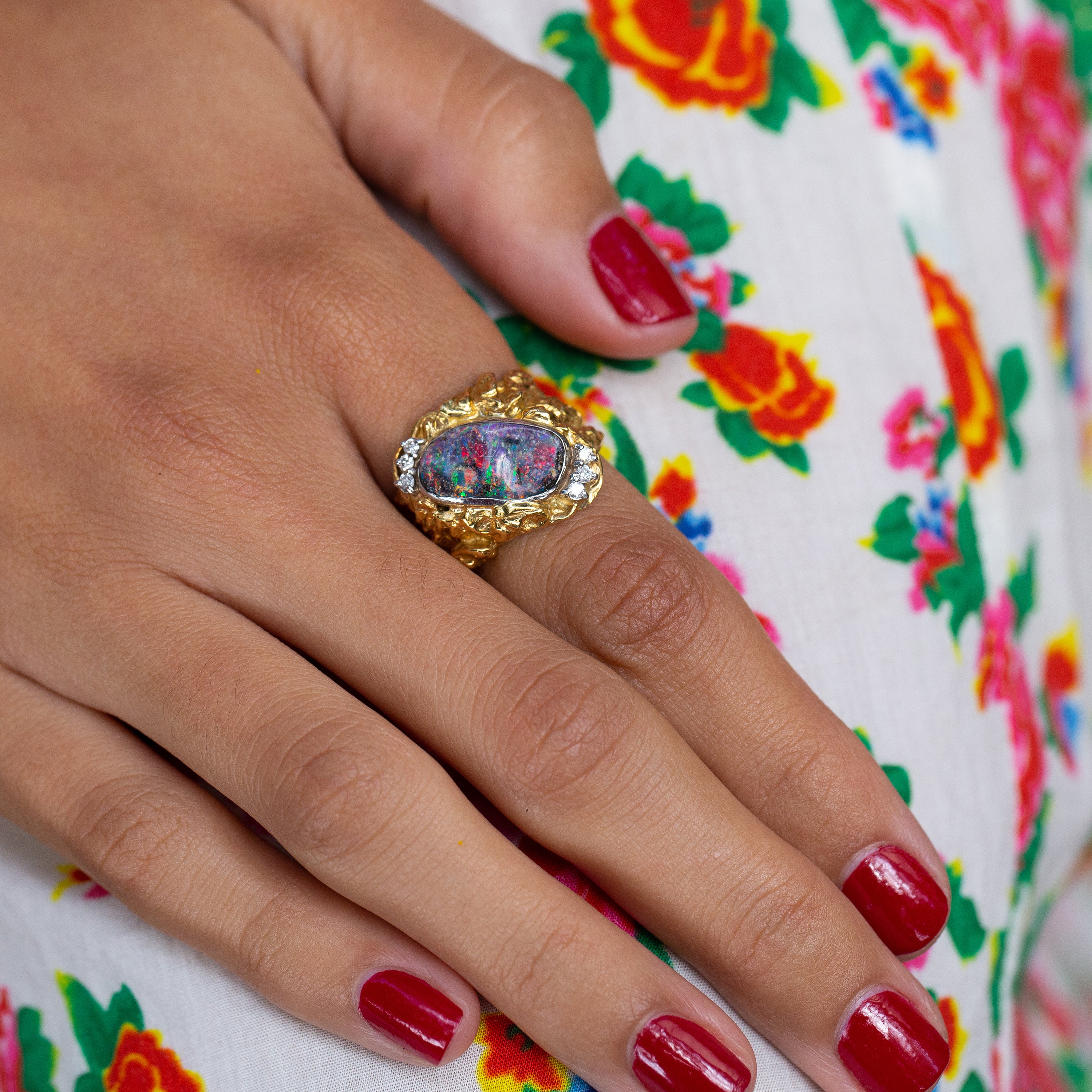 Brutalist Opal and Diamond 18k Gold Ring
