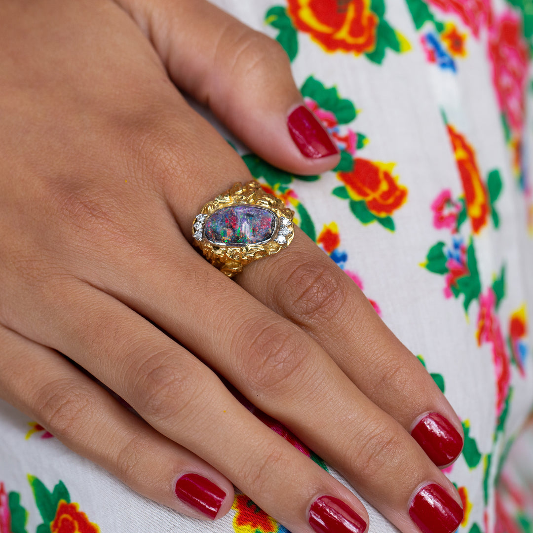 Brutalist Opal and Diamond 18k Gold Ring