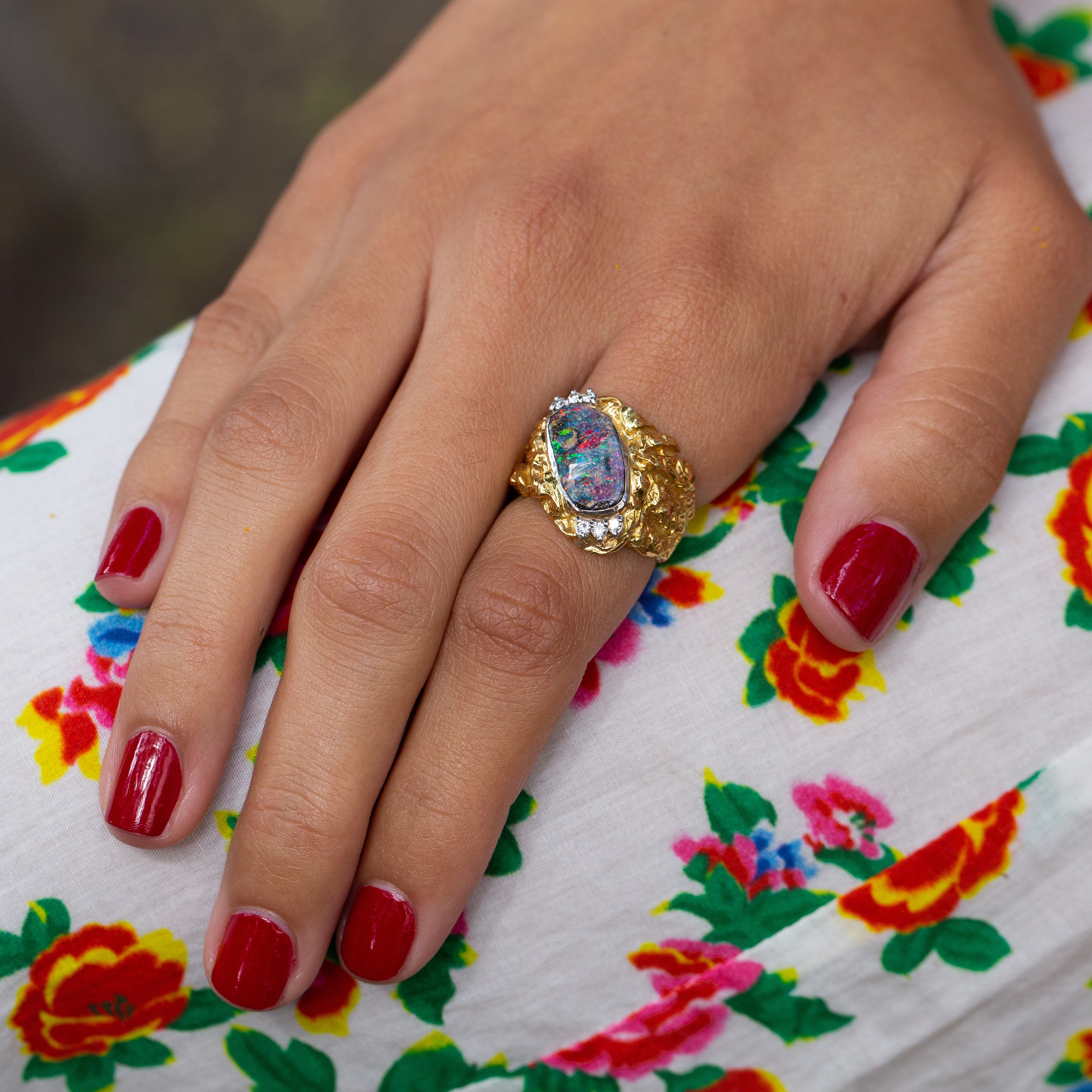 Brutalist Opal and Diamond 18k Gold Ring