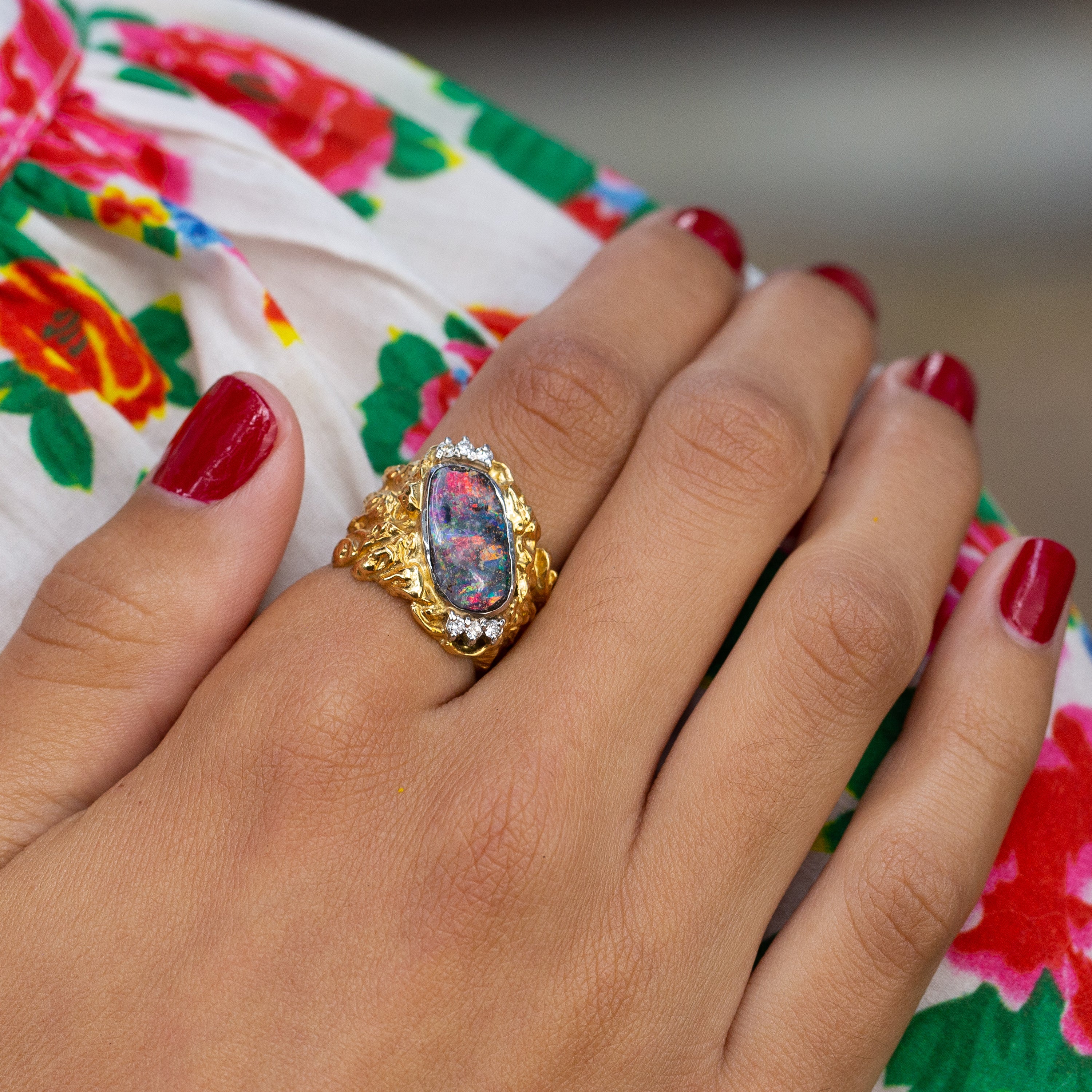 Brutalist Opal and Diamond 18k Gold Ring