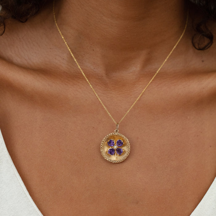 Italian Large Amethyst with Pearl Clover and 10k Gold Charm Necklace