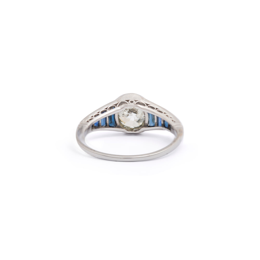 Art Deco 1.50 Carat Diamond and Sapphire Platinum Ring