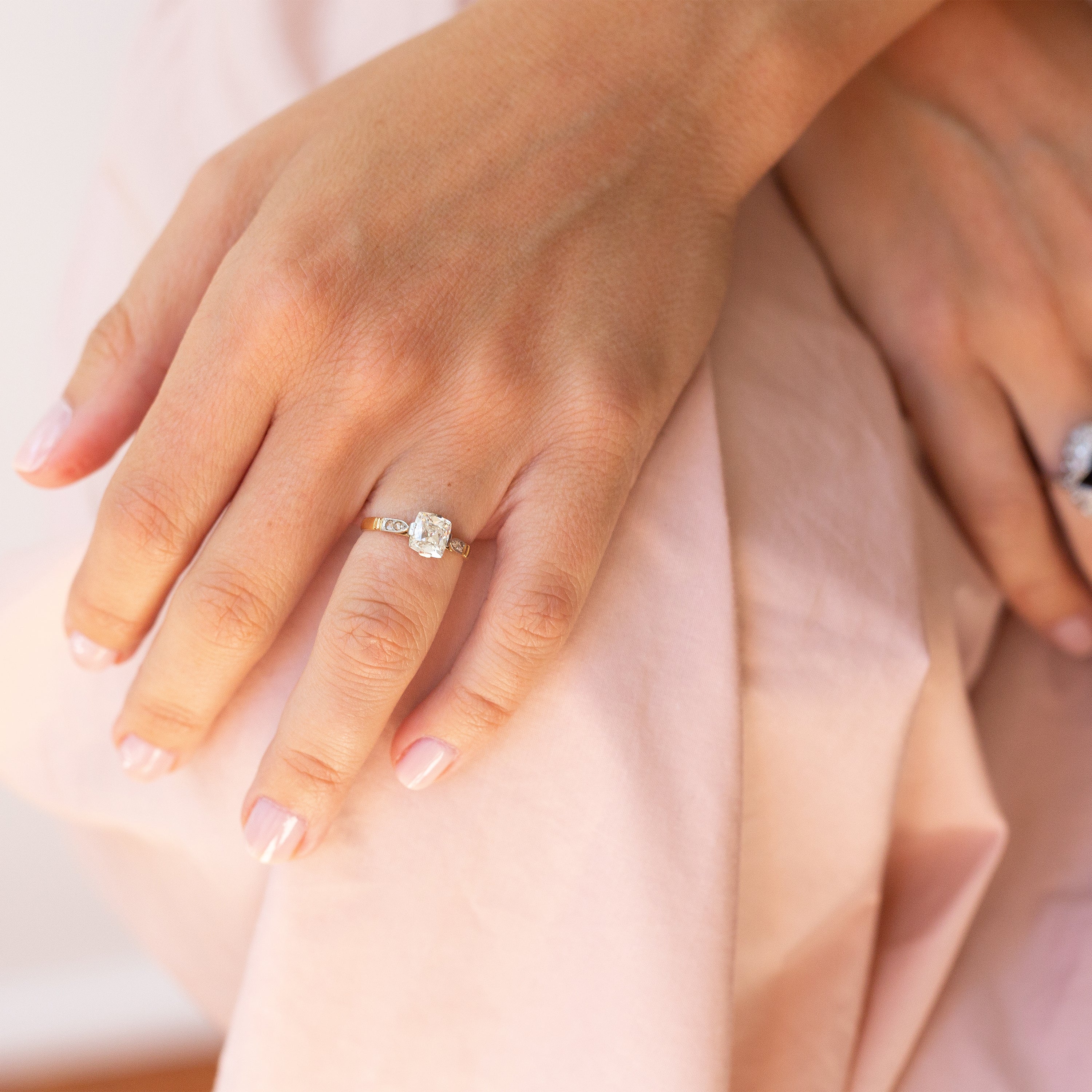 Edwardian 1.29 Carat Cushion Cut 14k Gold and Platinum Ring