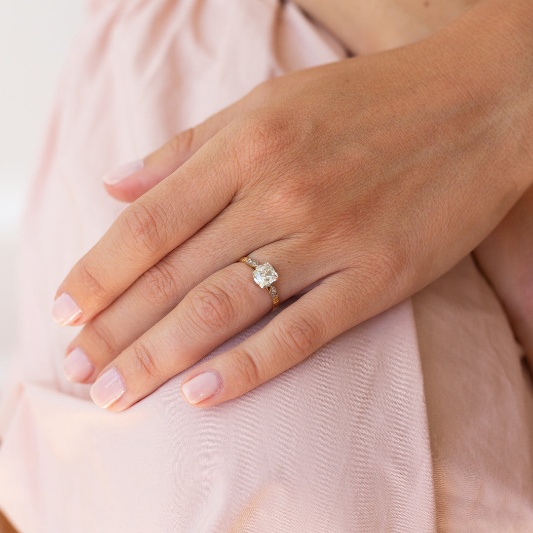 Edwardian 1.29 Carat Cushion Cut 14k Gold and Platinum Ring