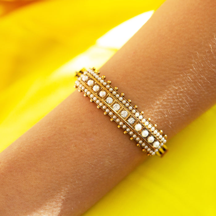 Victorian Diamond and Pearl 14k Gold Bangle Bracelet