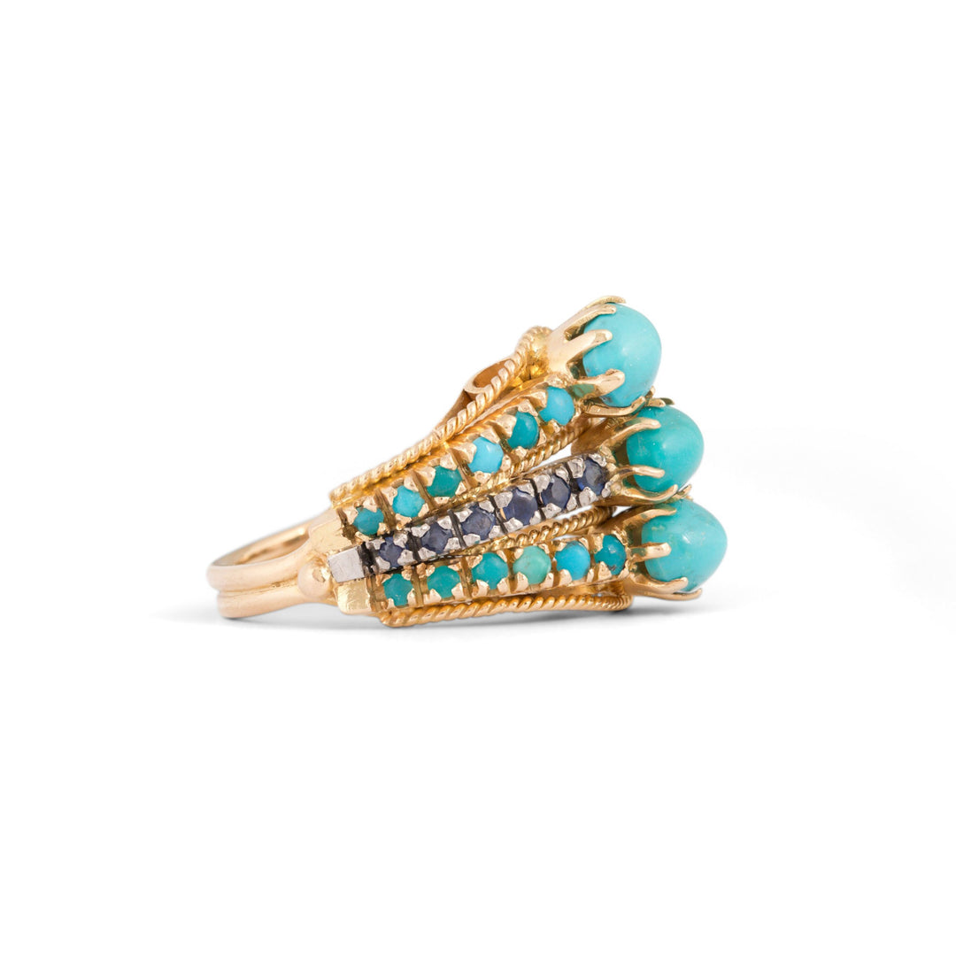1970s Turquoise, Sapphire, and 14k Gold Cocktail Ring