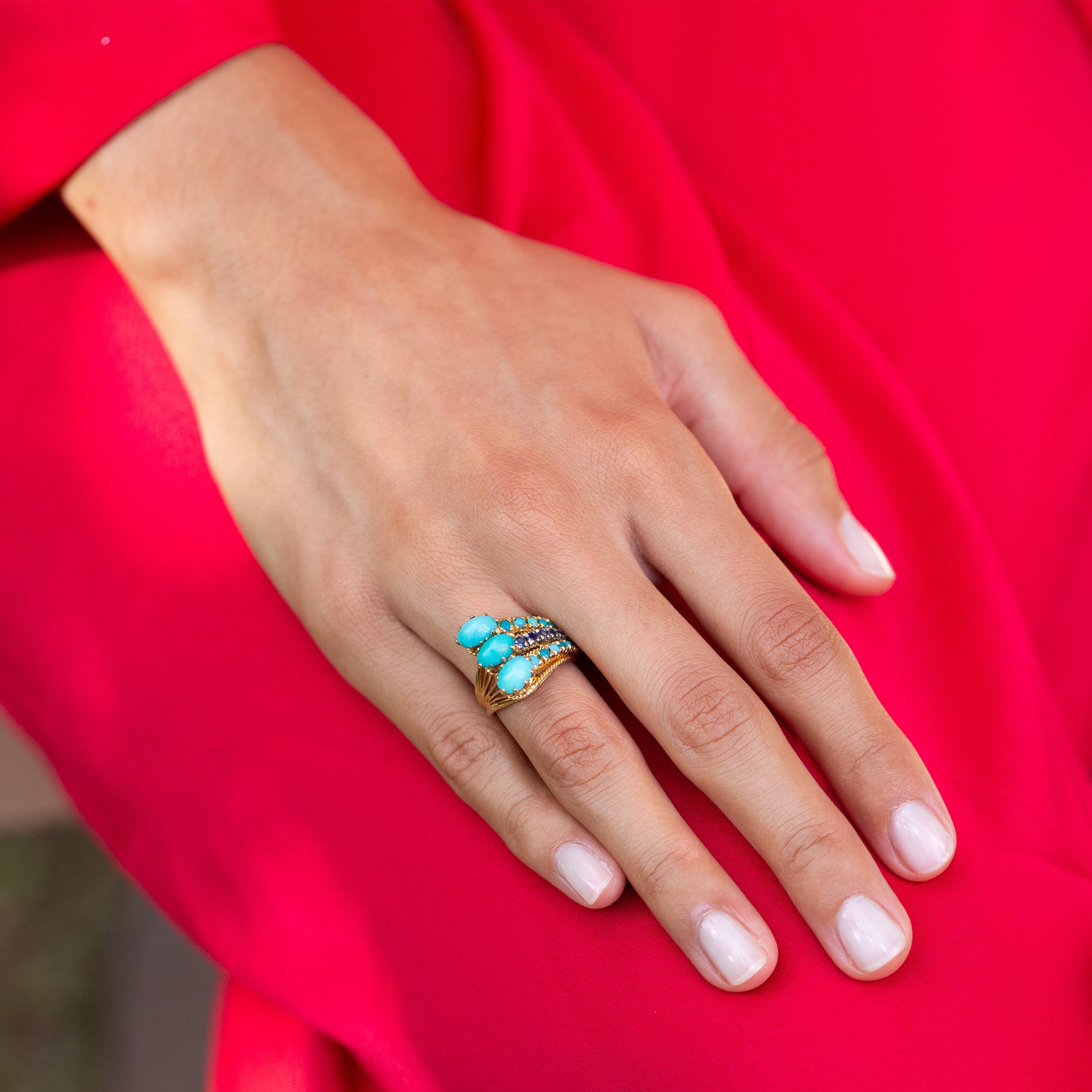 1970s Turquoise, Sapphire, and 14k Gold Cocktail Ring