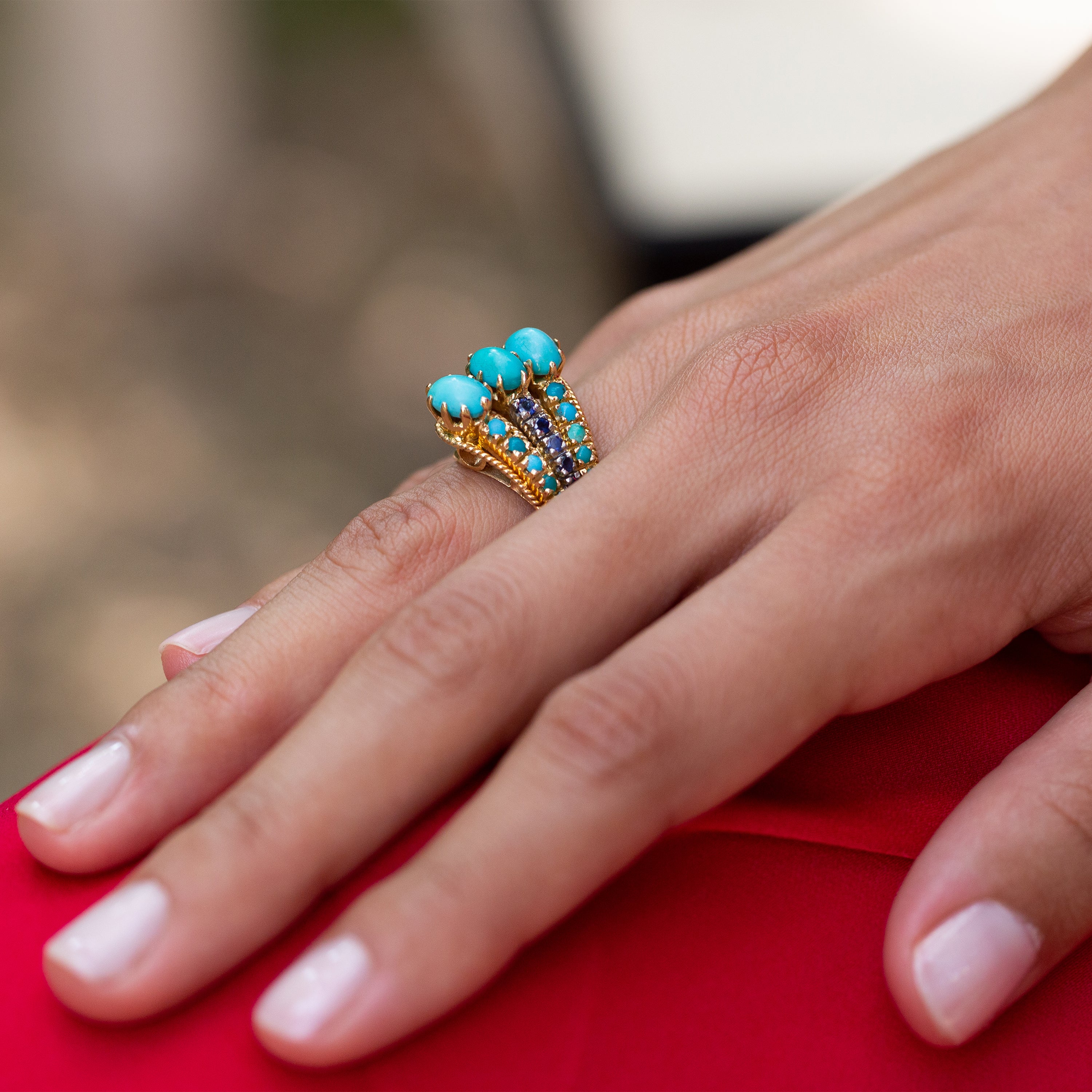 1970s Turquoise, Sapphire, and 14k Gold Cocktail Ring