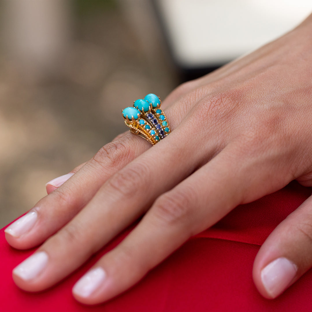 1970s Turquoise, Sapphire, and 14k Gold Cocktail Ring