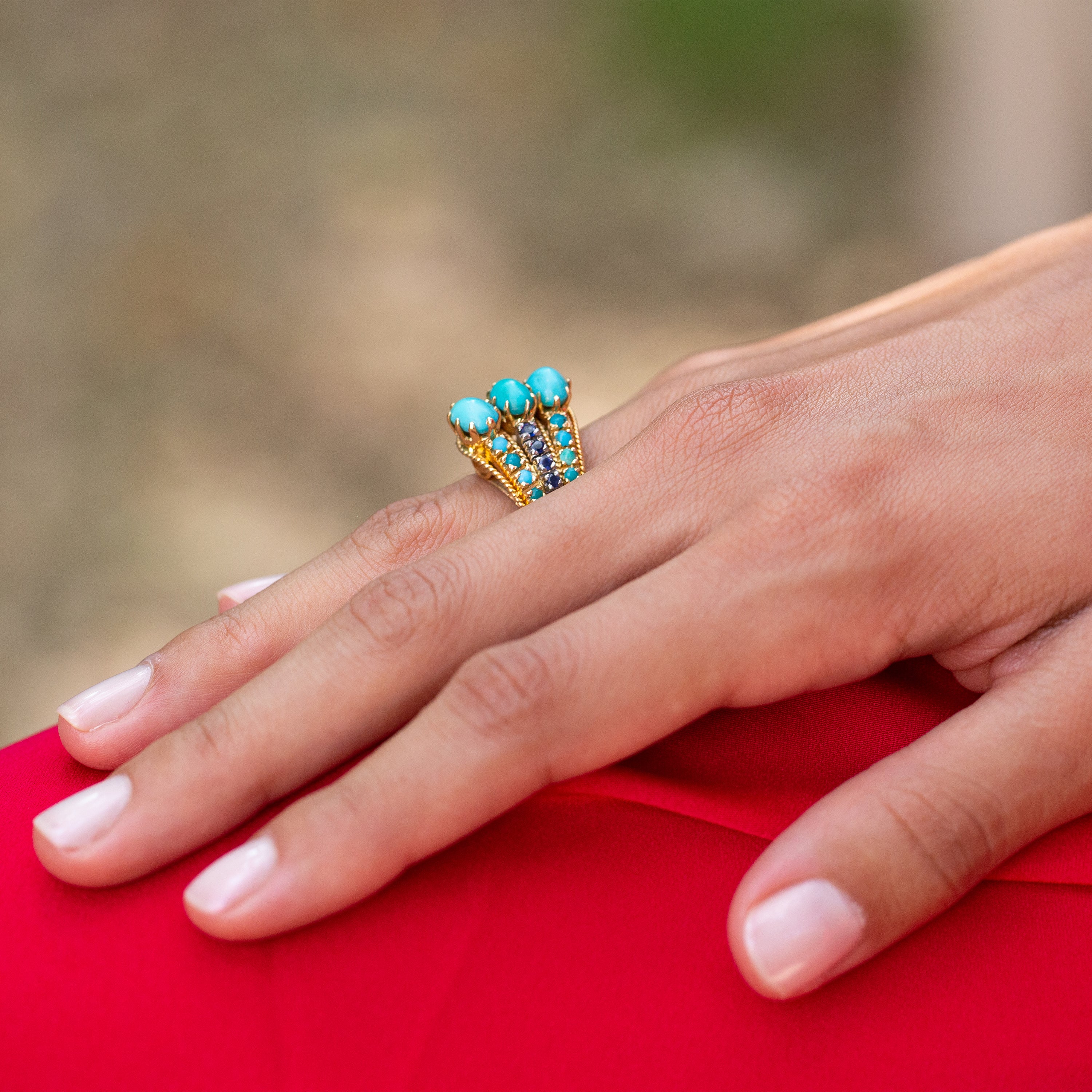 1970s Turquoise, Sapphire, and 14k Gold Cocktail Ring