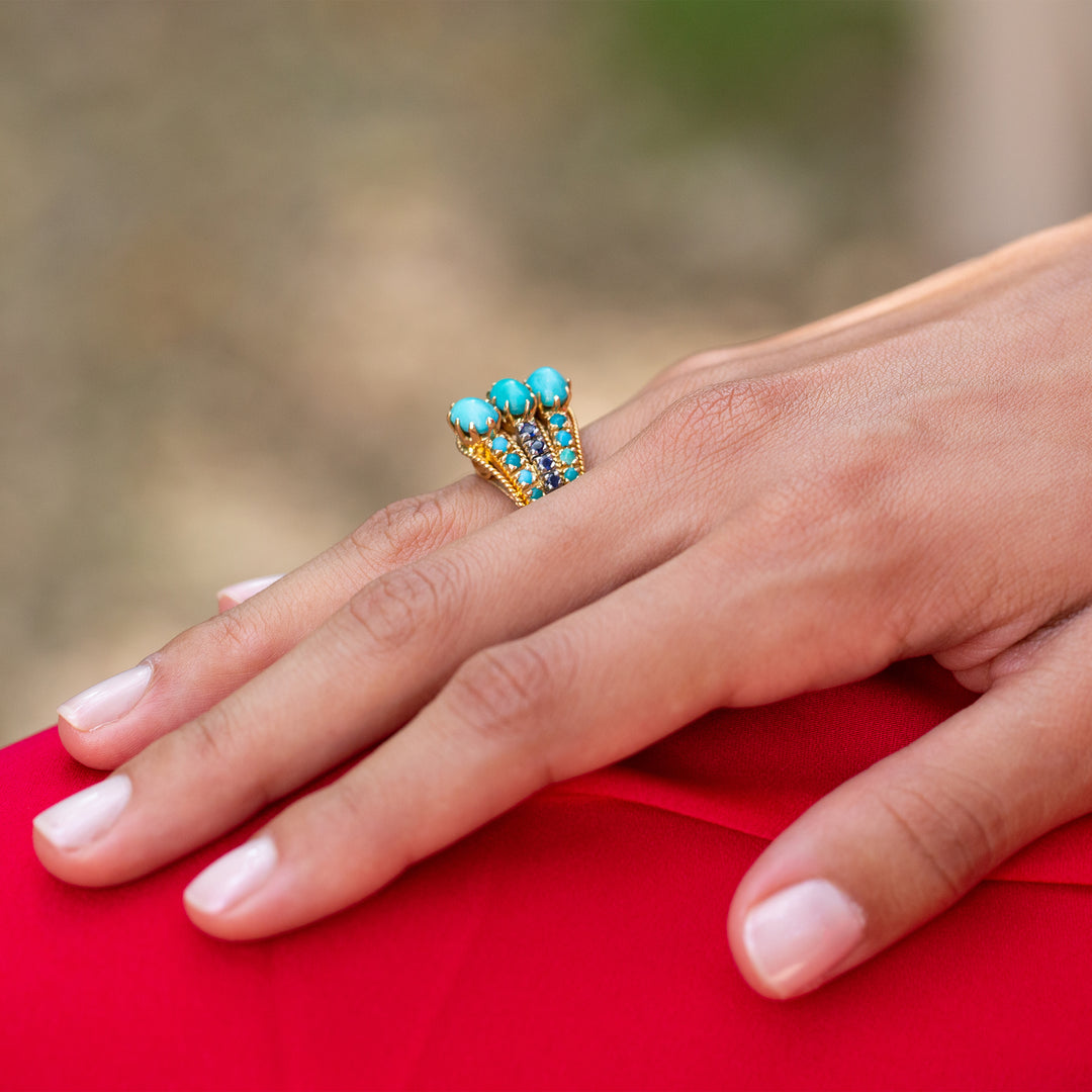 1970s Turquoise, Sapphire, and 14k Gold Cocktail Ring