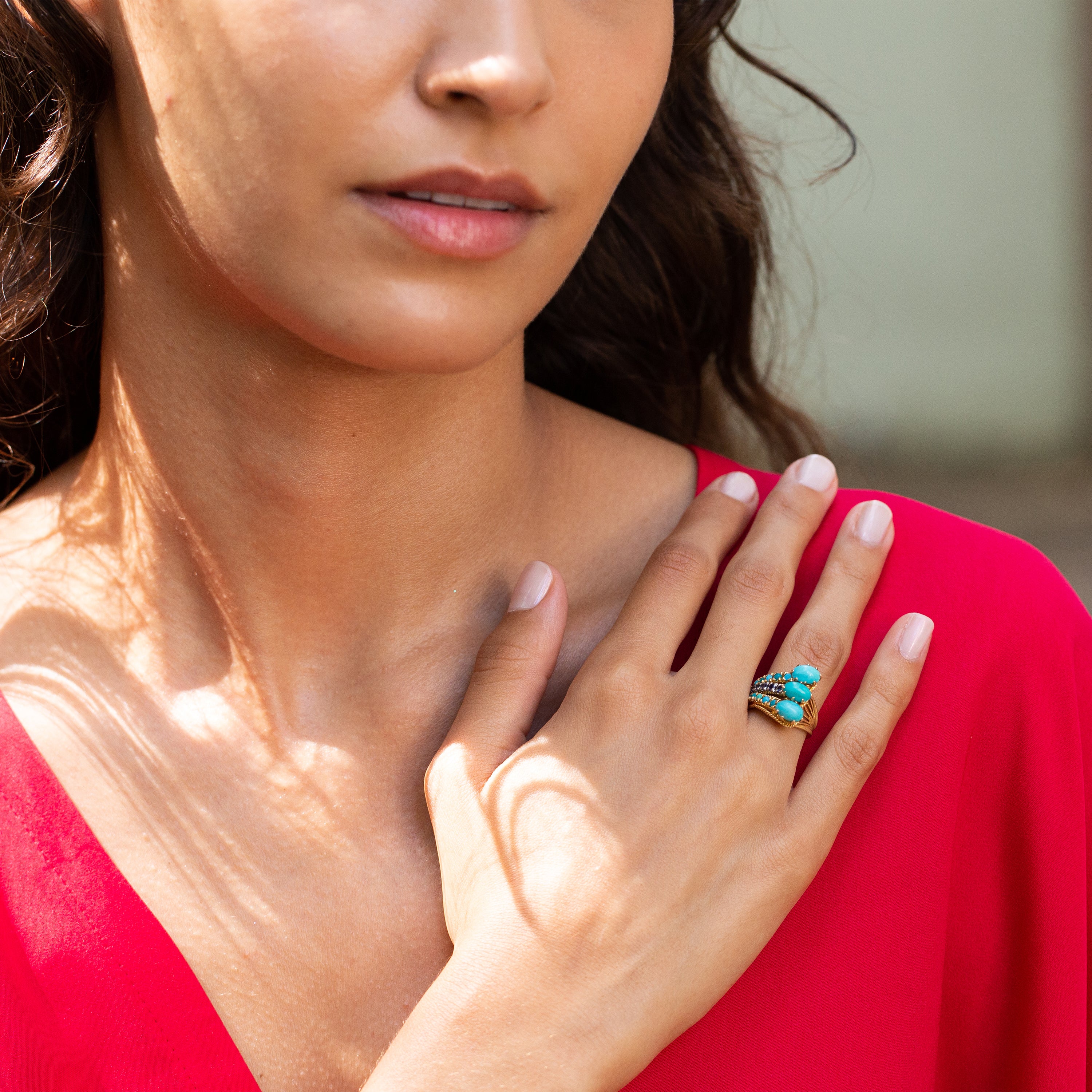 1970s Turquoise, Sapphire, and 14k Gold Cocktail Ring