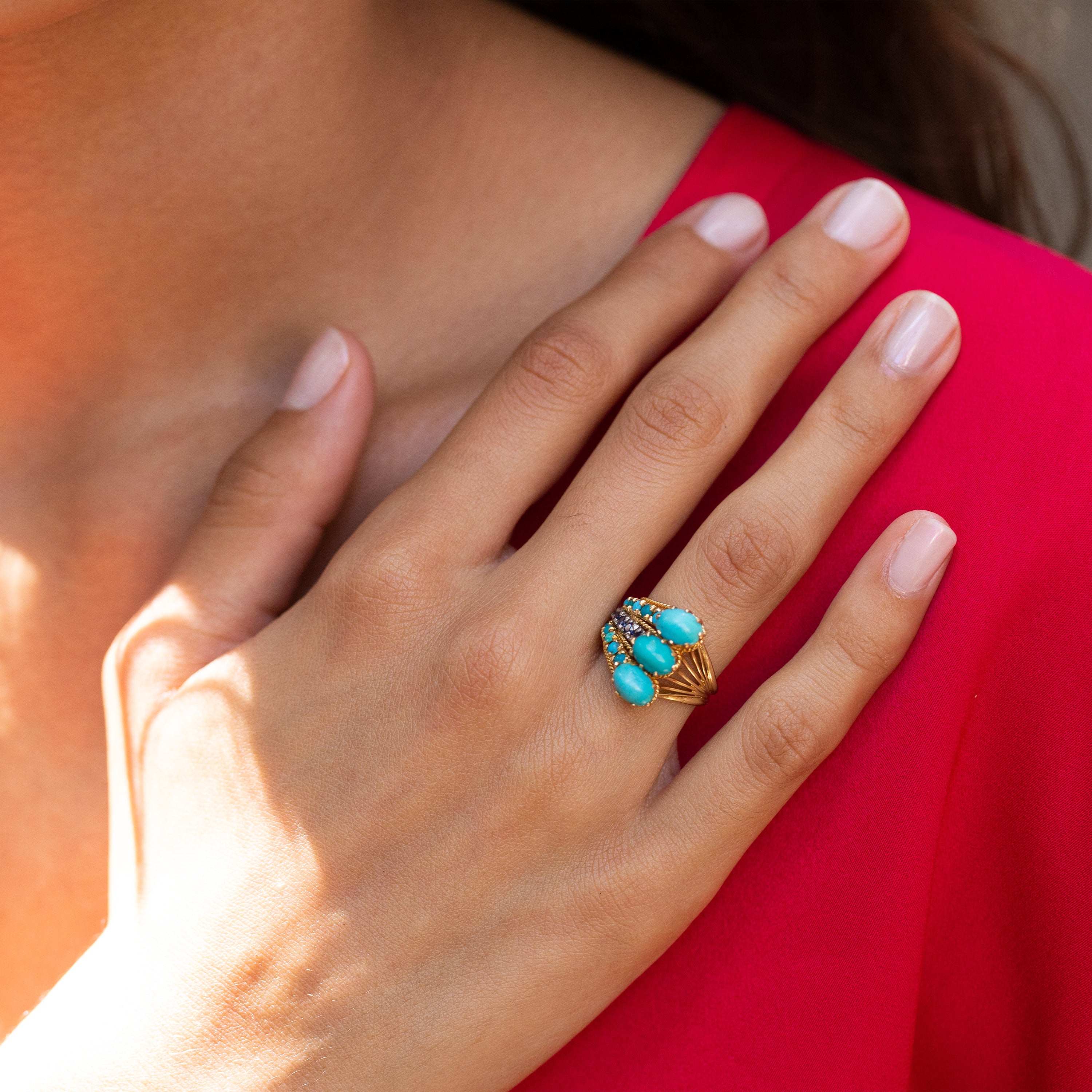 1970s Turquoise, Sapphire, and 14k Gold Cocktail Ring