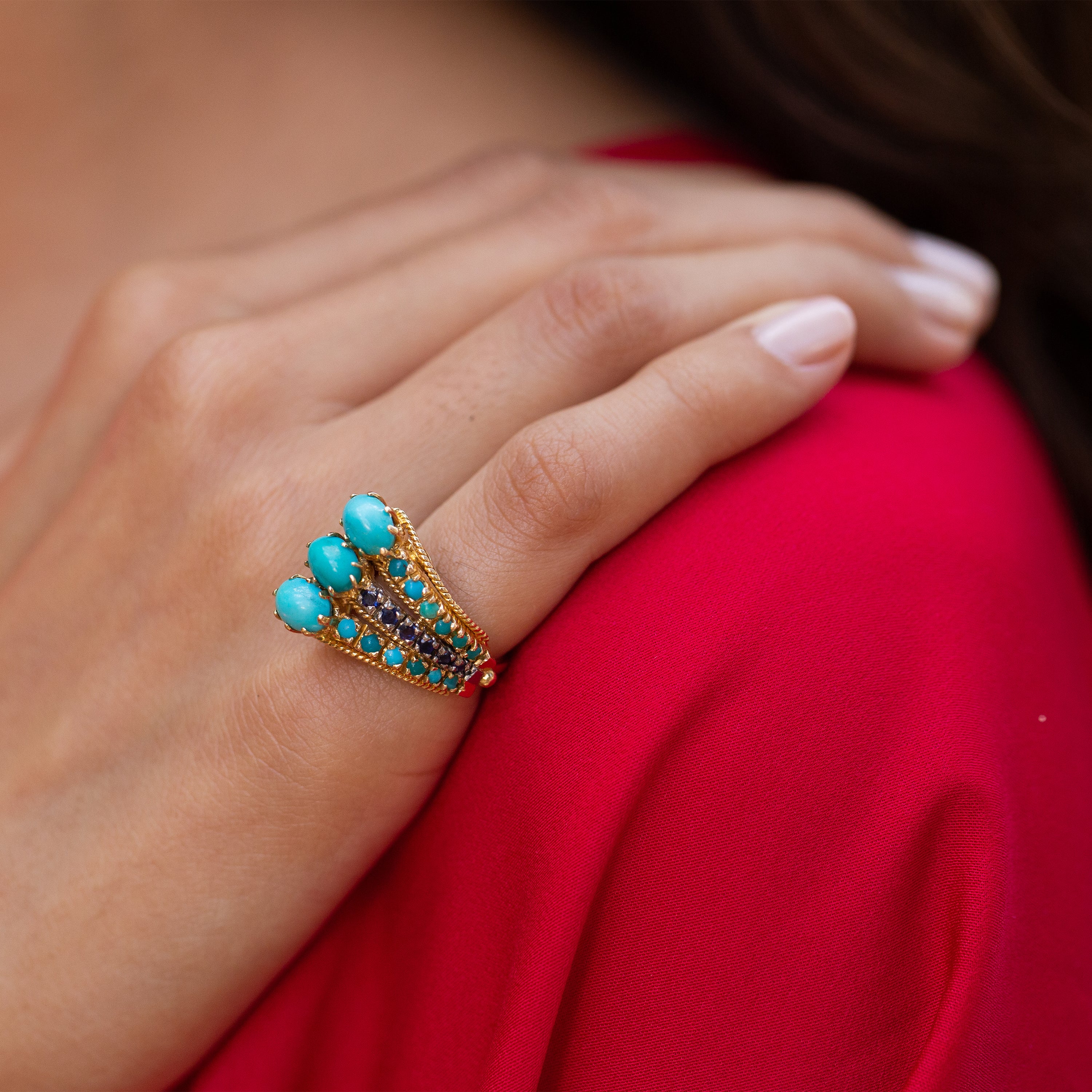 1970s Turquoise, Sapphire, and 14k Gold Cocktail Ring