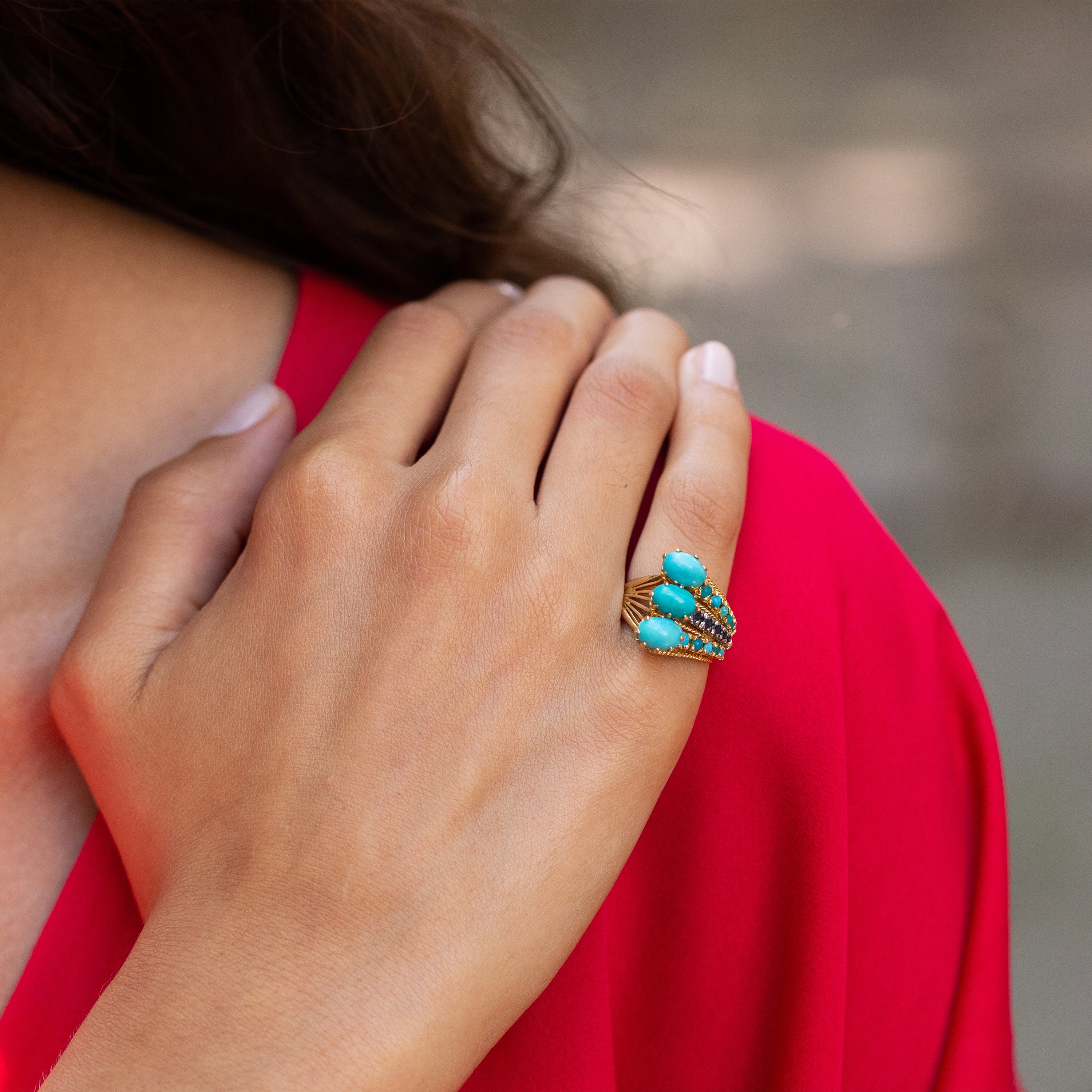 1970s Turquoise, Sapphire, and 14k Gold Cocktail Ring