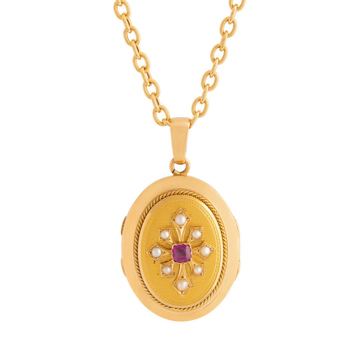 French Victorian Ruby and Pearl 18K Gold Locket Necklace