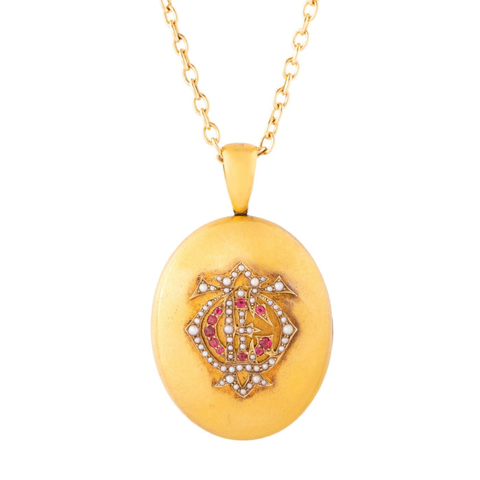 Large Victorian Pearl, Ruby, and 18k Gold Locket Necklace