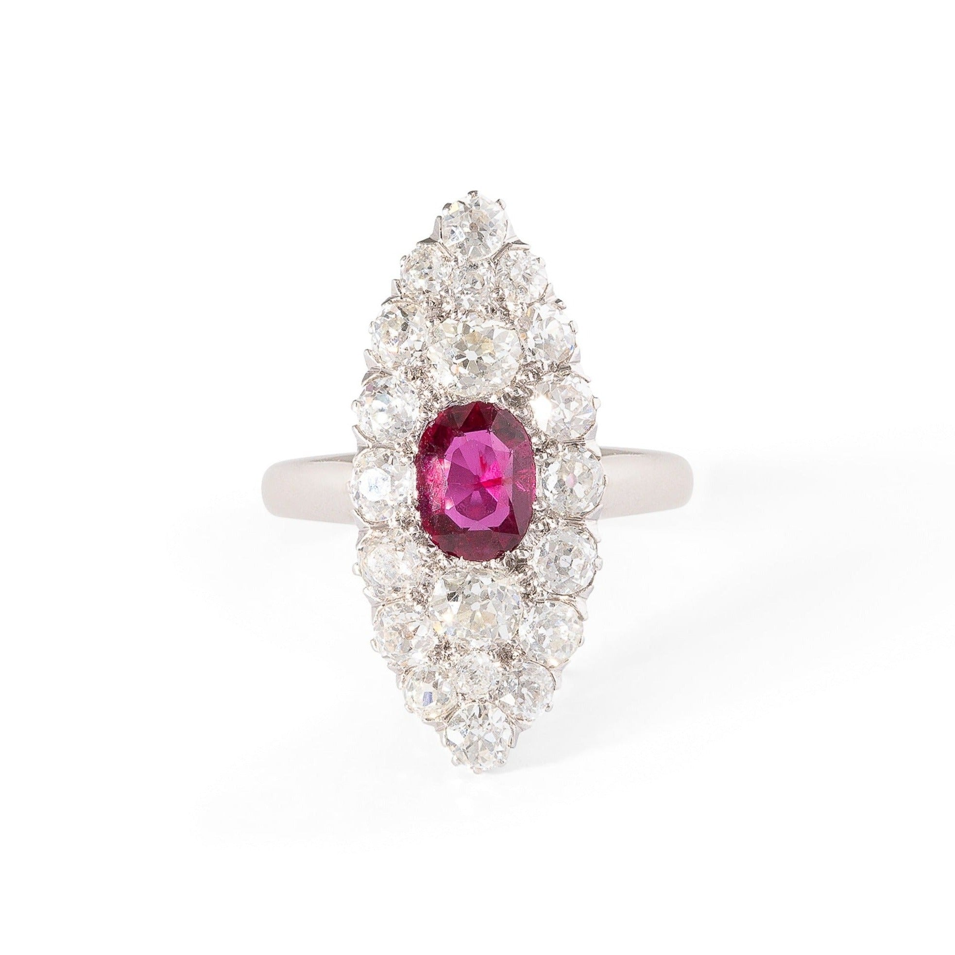Old Mine Cut Diamond, Ruby, and 14K Gold Navette Ring
