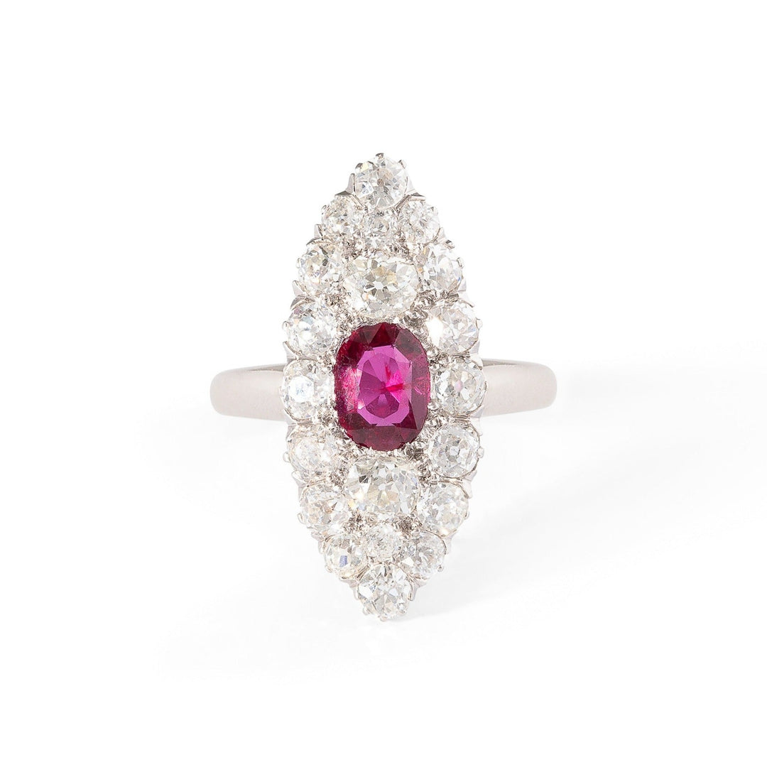Old Mine Cut Diamond, Ruby, and 14K Gold Navette Ring