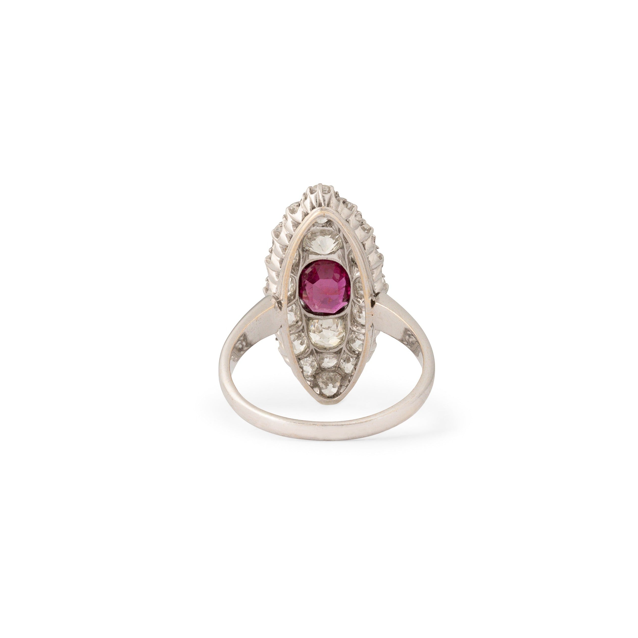 Old Mine Cut Diamond, Ruby, and 14K Gold Navette Ring