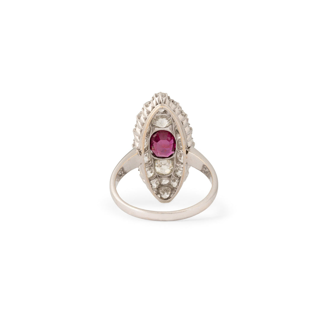 Old Mine Cut Diamond, Ruby, and 14K Gold Navette Ring