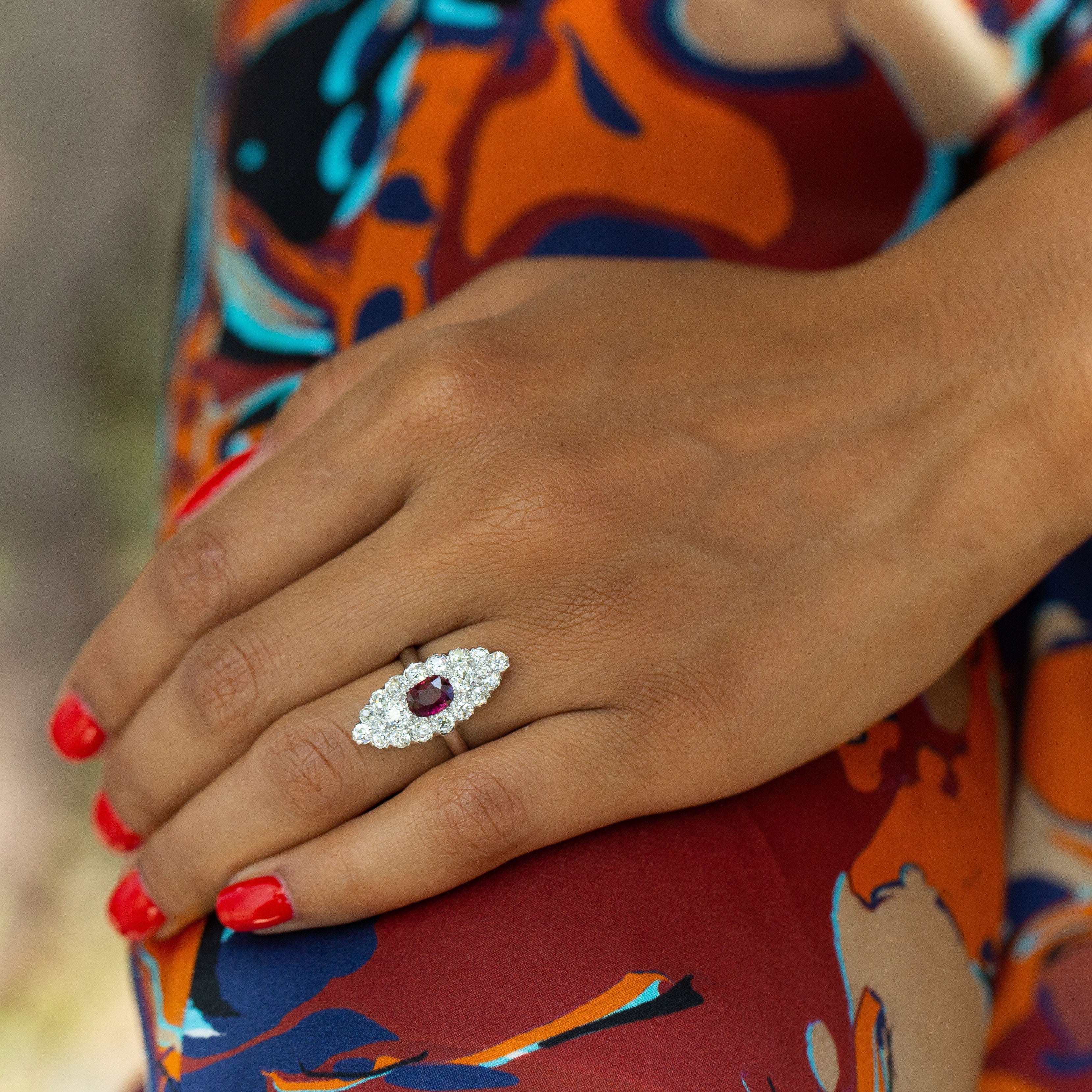 Old Mine Cut Diamond, Ruby, and 14K Gold Navette Ring