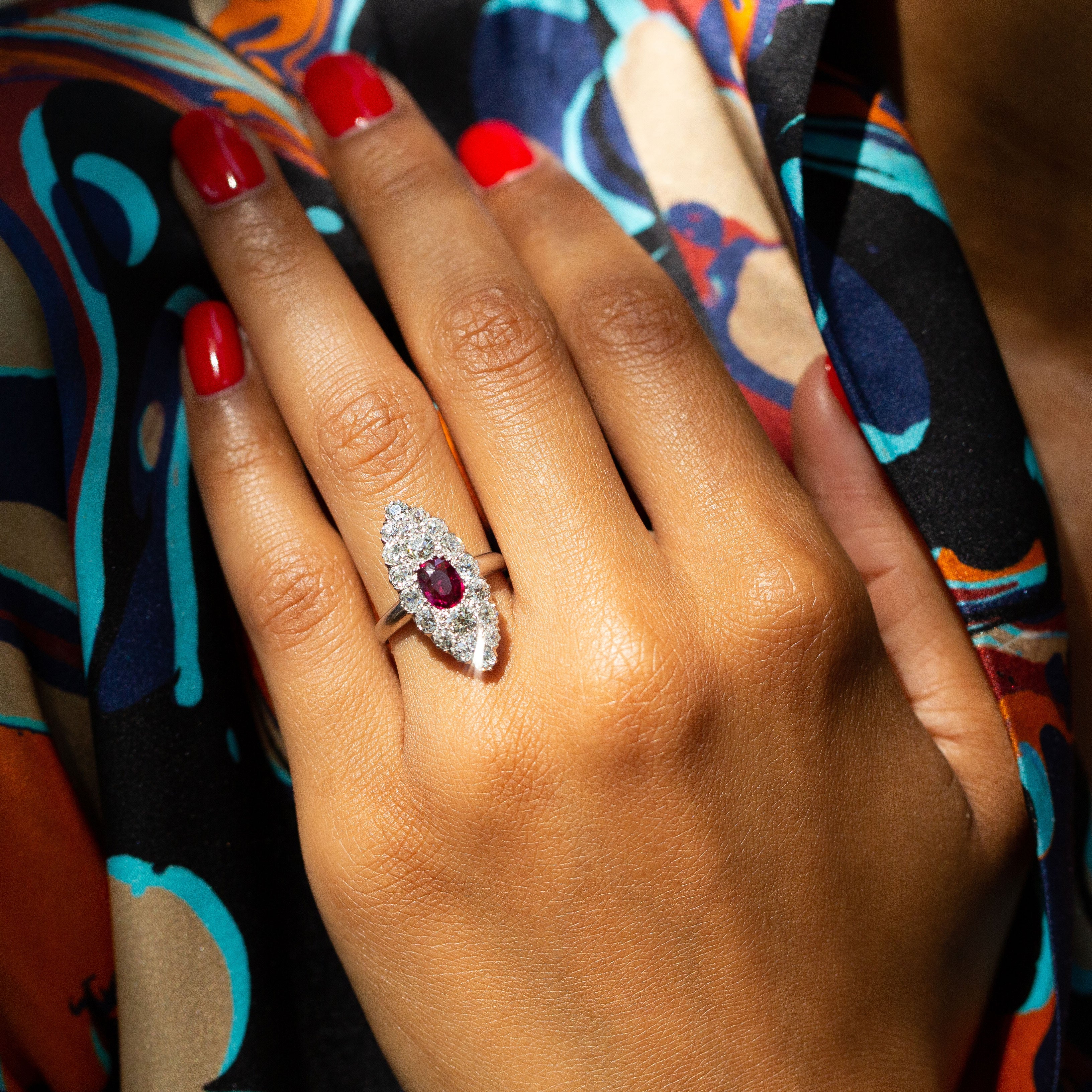 Old Mine Cut Diamond, Ruby, and 14K Gold Navette Ring