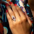 Old Mine Cut Diamond, Ruby, and 14K Gold Navette Ring