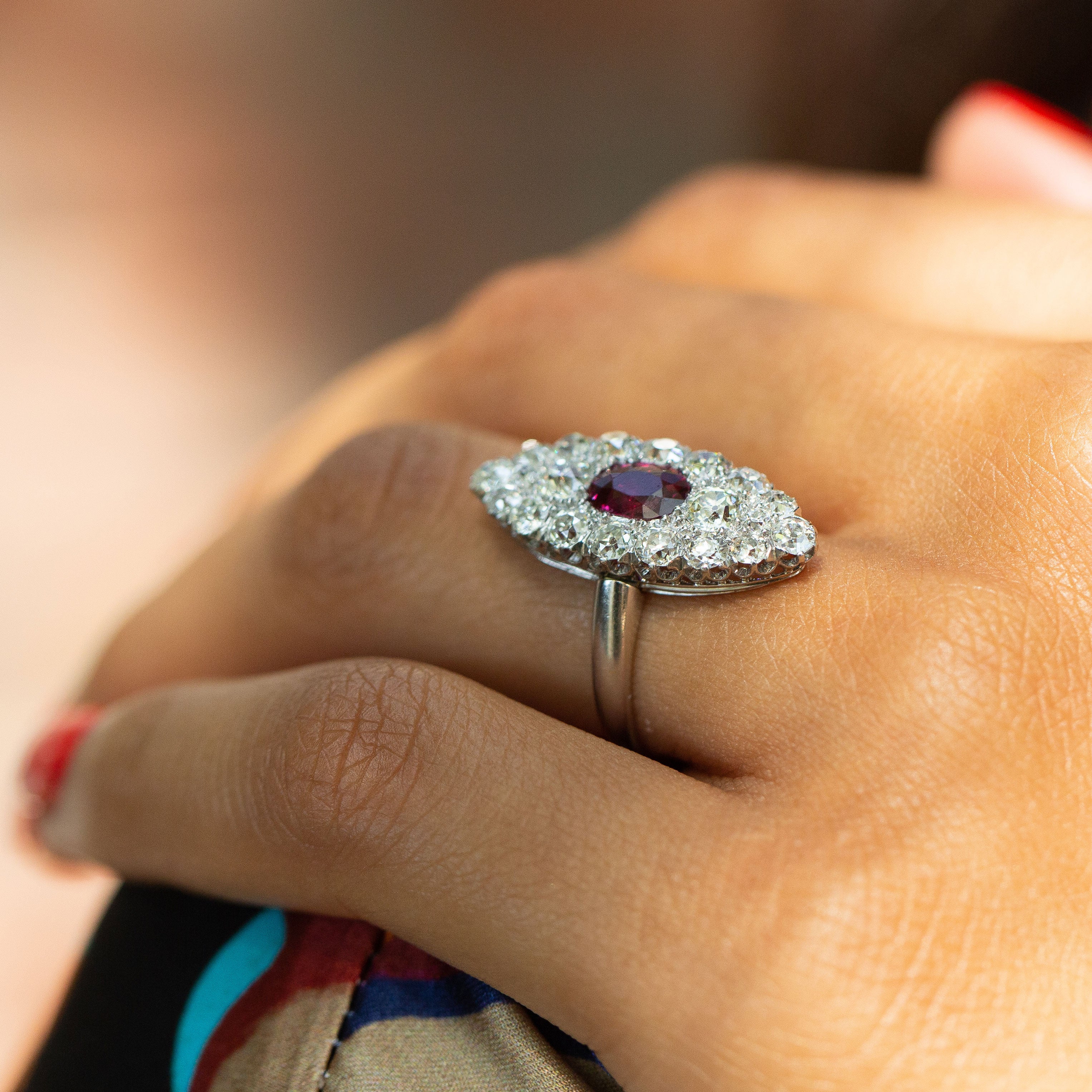 Old Mine Cut Diamond, Ruby, and 14K Gold Navette Ring