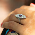Old Mine Cut Diamond, Ruby, and 14K Gold Navette Ring