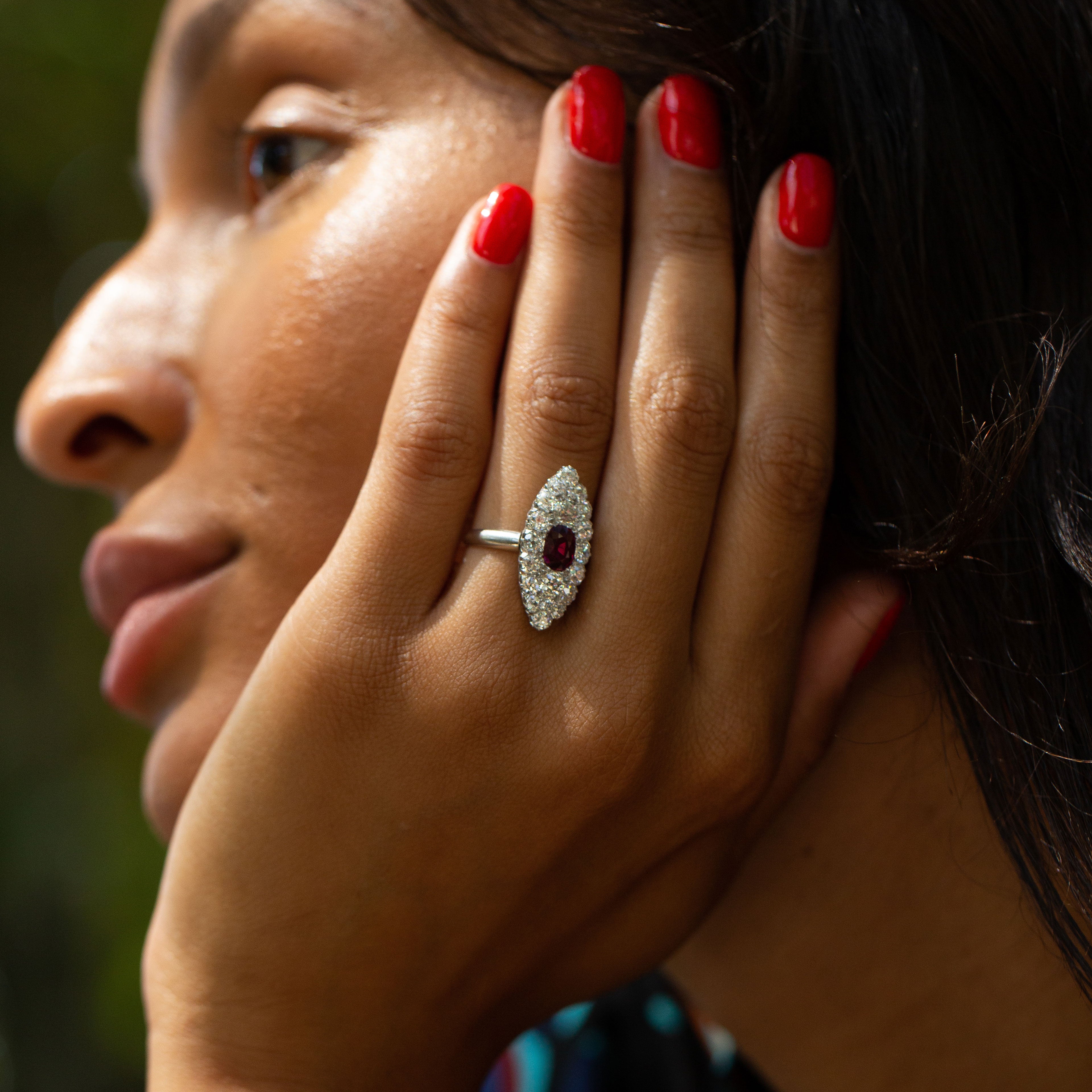 Old Mine Cut Diamond, Ruby, and 14K Gold Navette Ring
