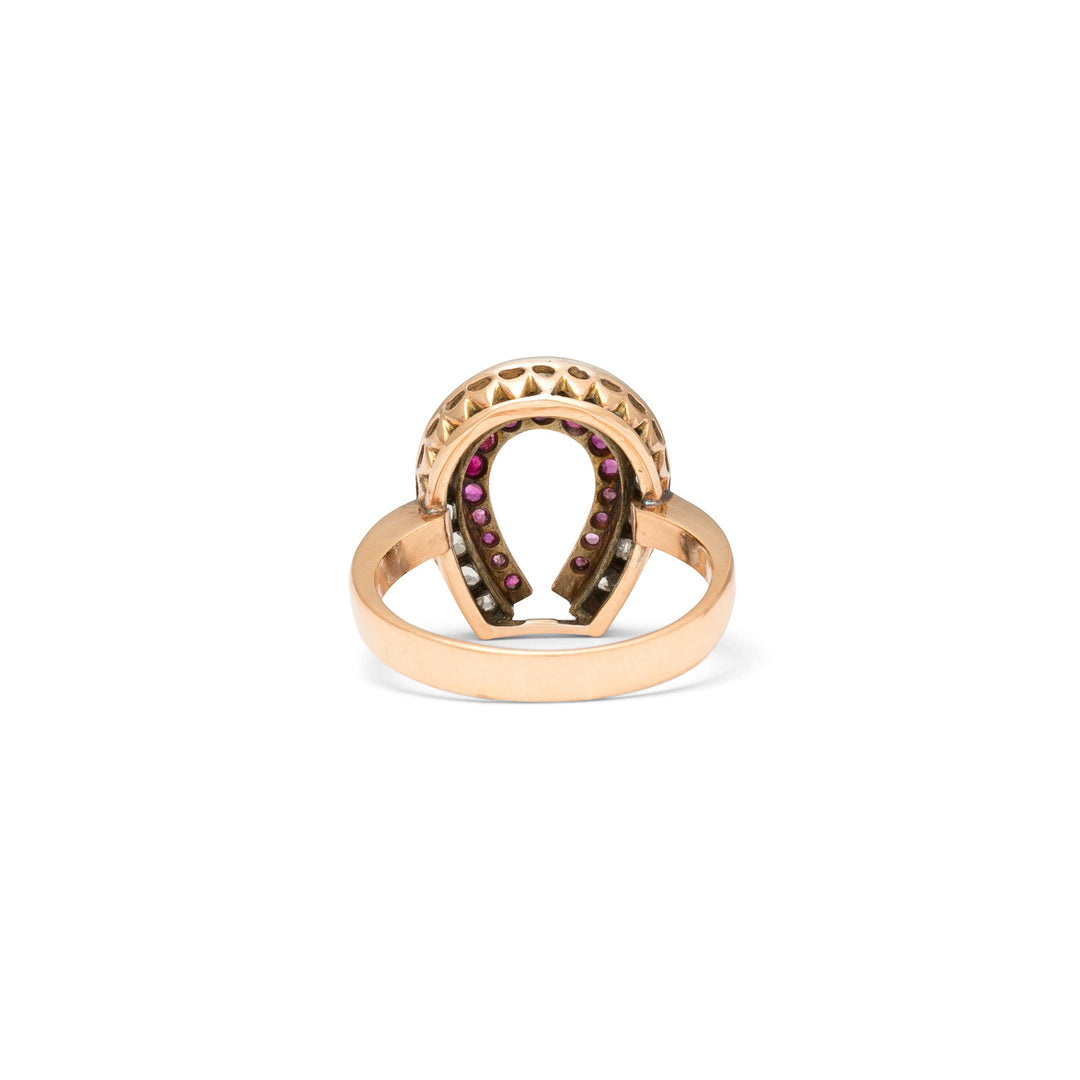 Victorian Silver-topped 14k Gold, Diamond, and Ruby Horseshoe Ring