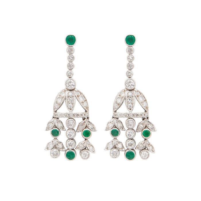 Diamond And Emerald Platinum Chandelier Earrings