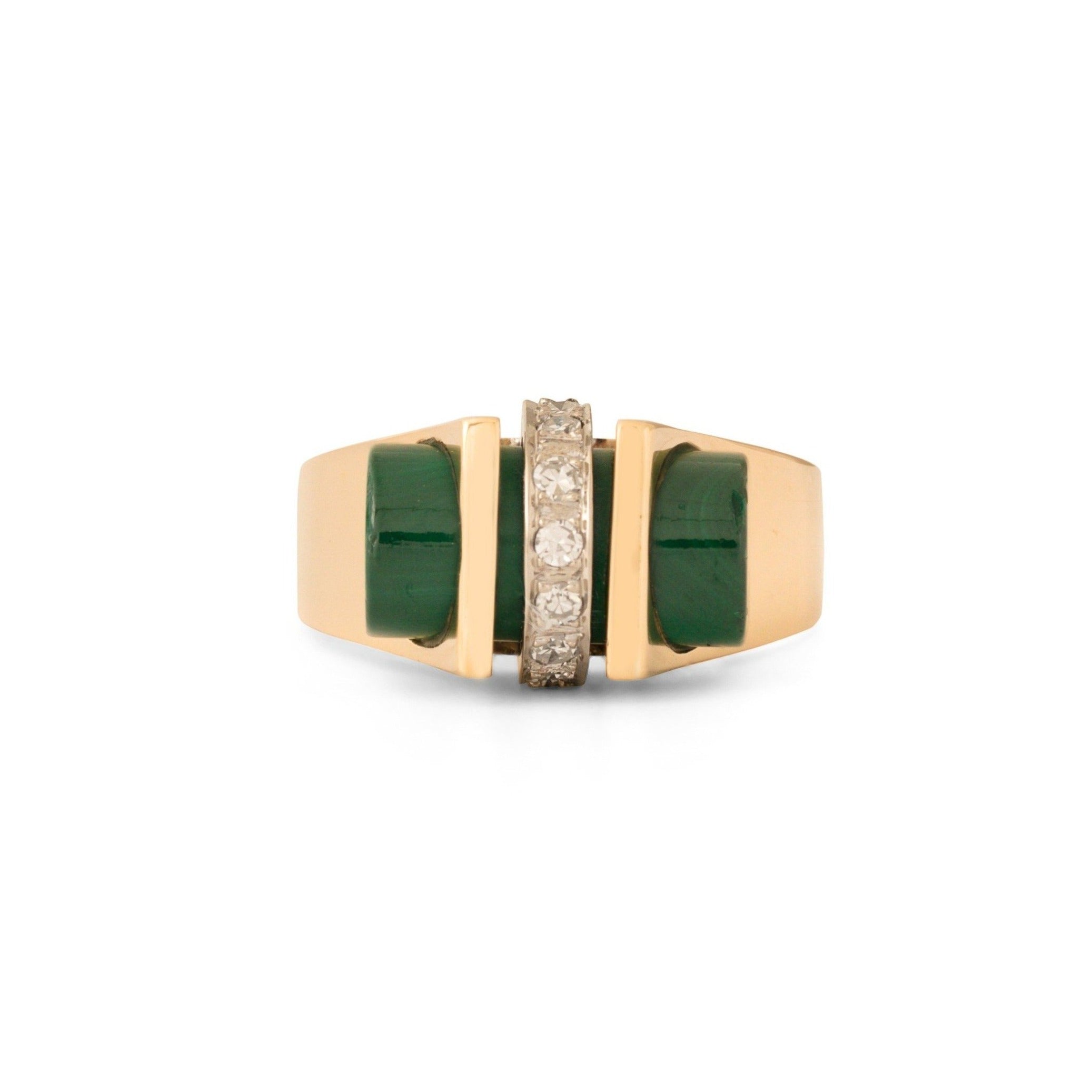 Mid-Century Malachite and Diamond 14k Gold Ring