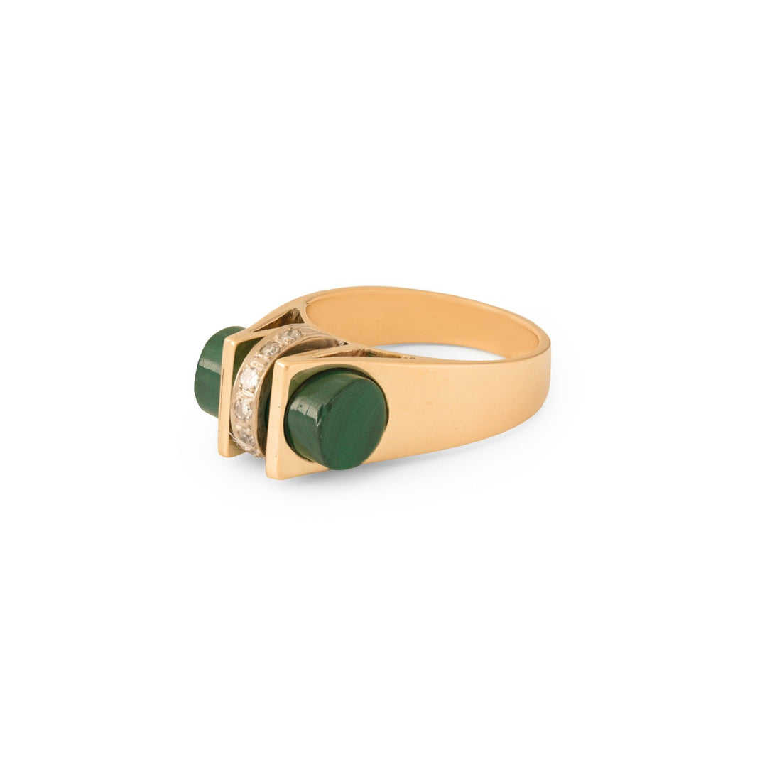 Mid-Century Malachite and Diamond 14k Gold Ring