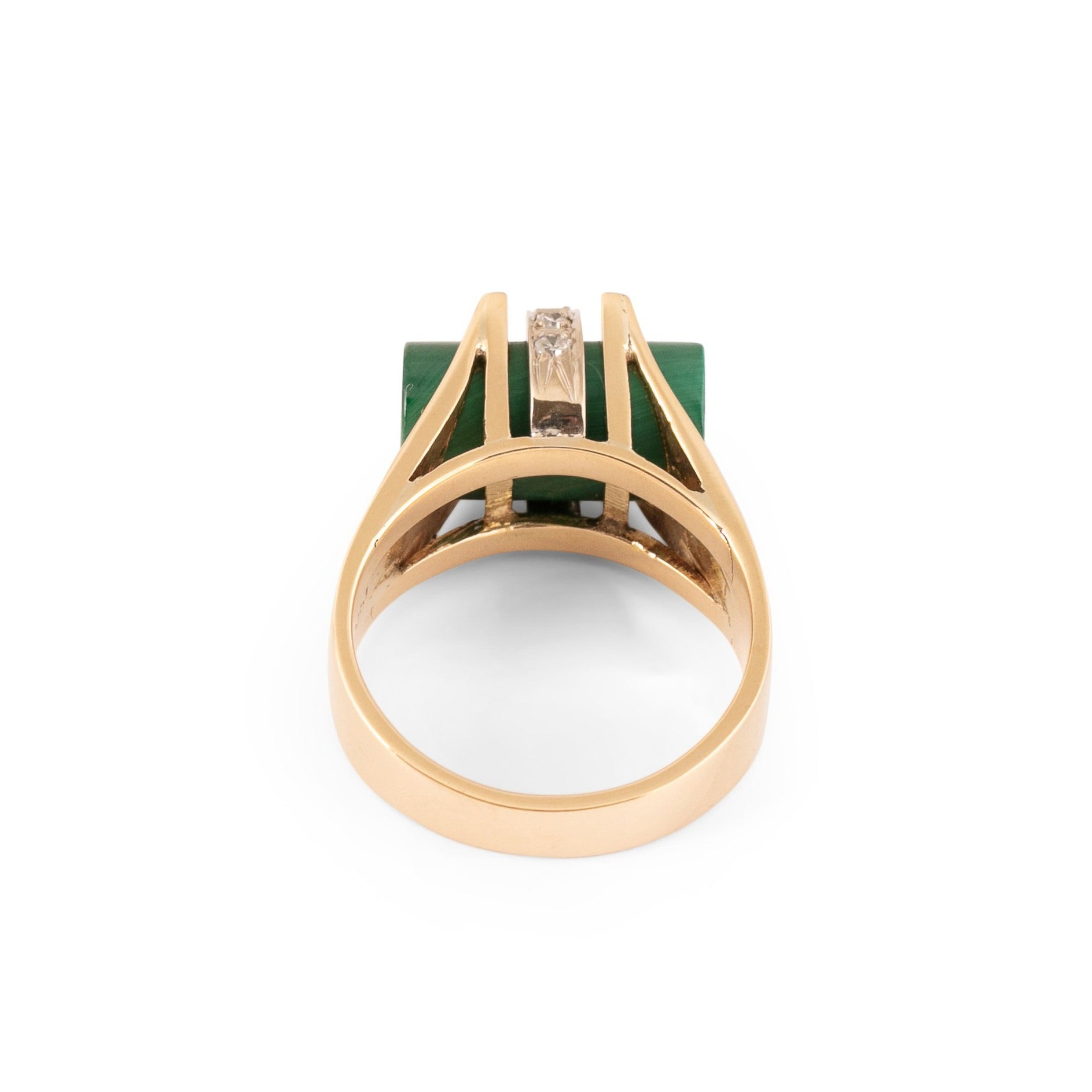 Mid-Century Malachite and Diamond 14k Gold Ring