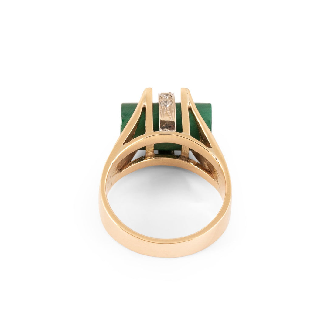 Mid-Century Malachite and Diamond 14k Gold Ring