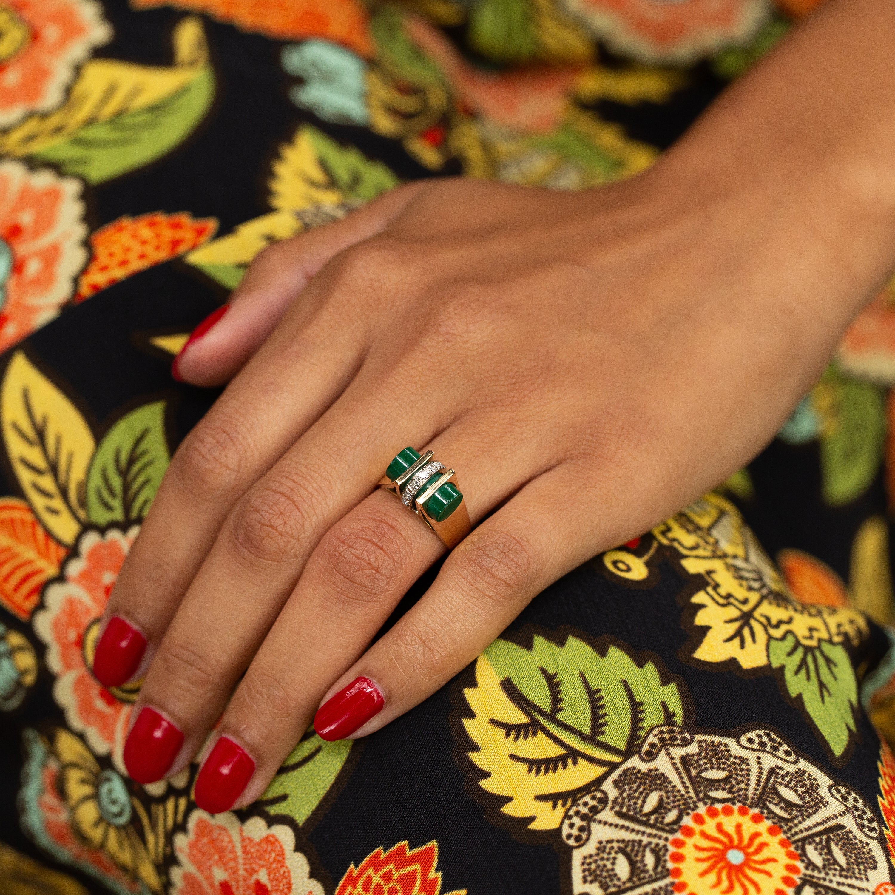 Mid-Century Malachite and Diamond 14k Gold Ring