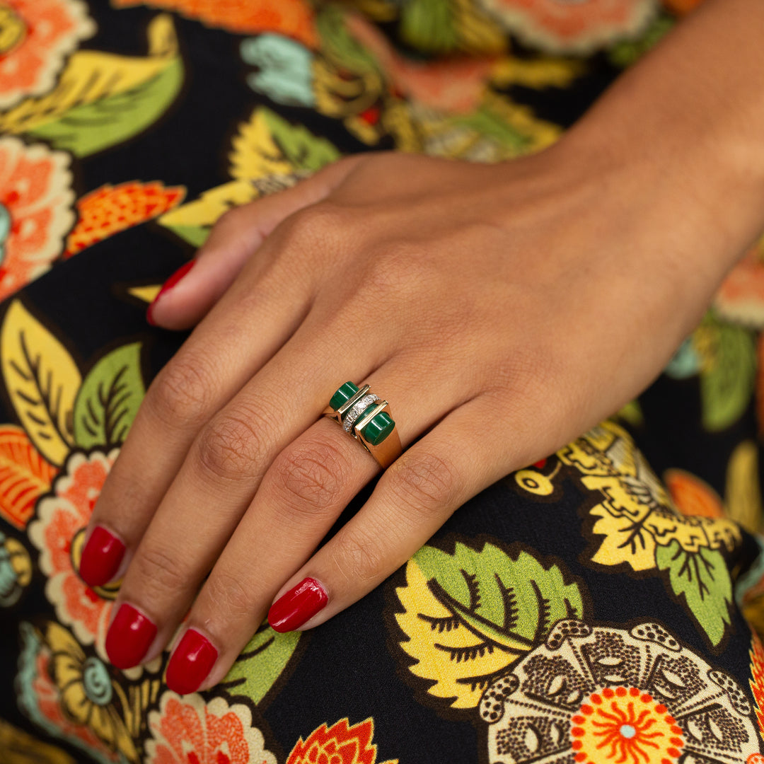 Mid-Century Malachite and Diamond 14k Gold Ring