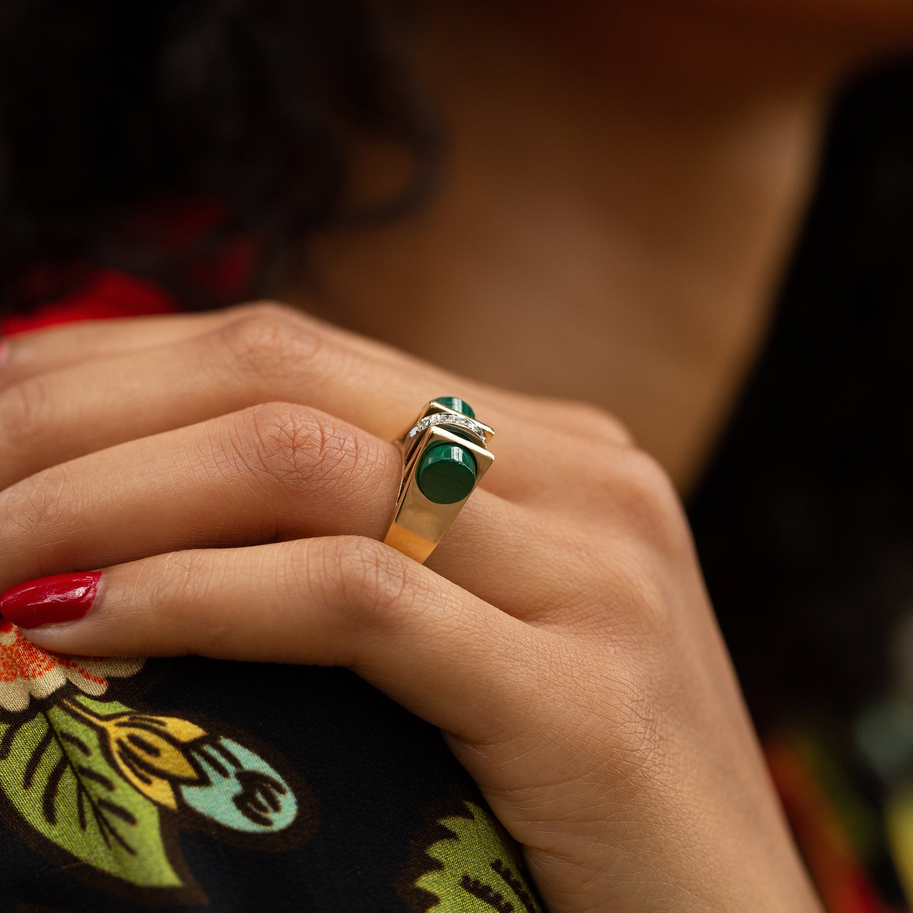 Mid-Century Malachite and Diamond 14k Gold Ring