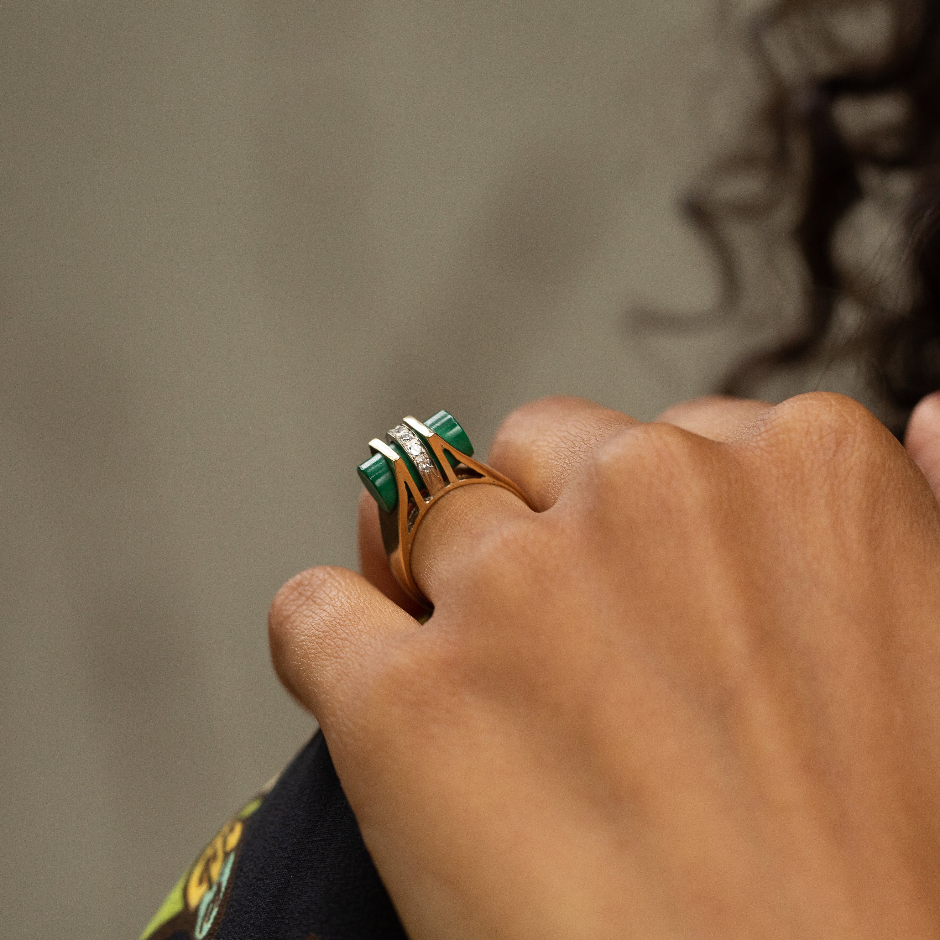 Mid-Century Malachite and Diamond 14k Gold Ring