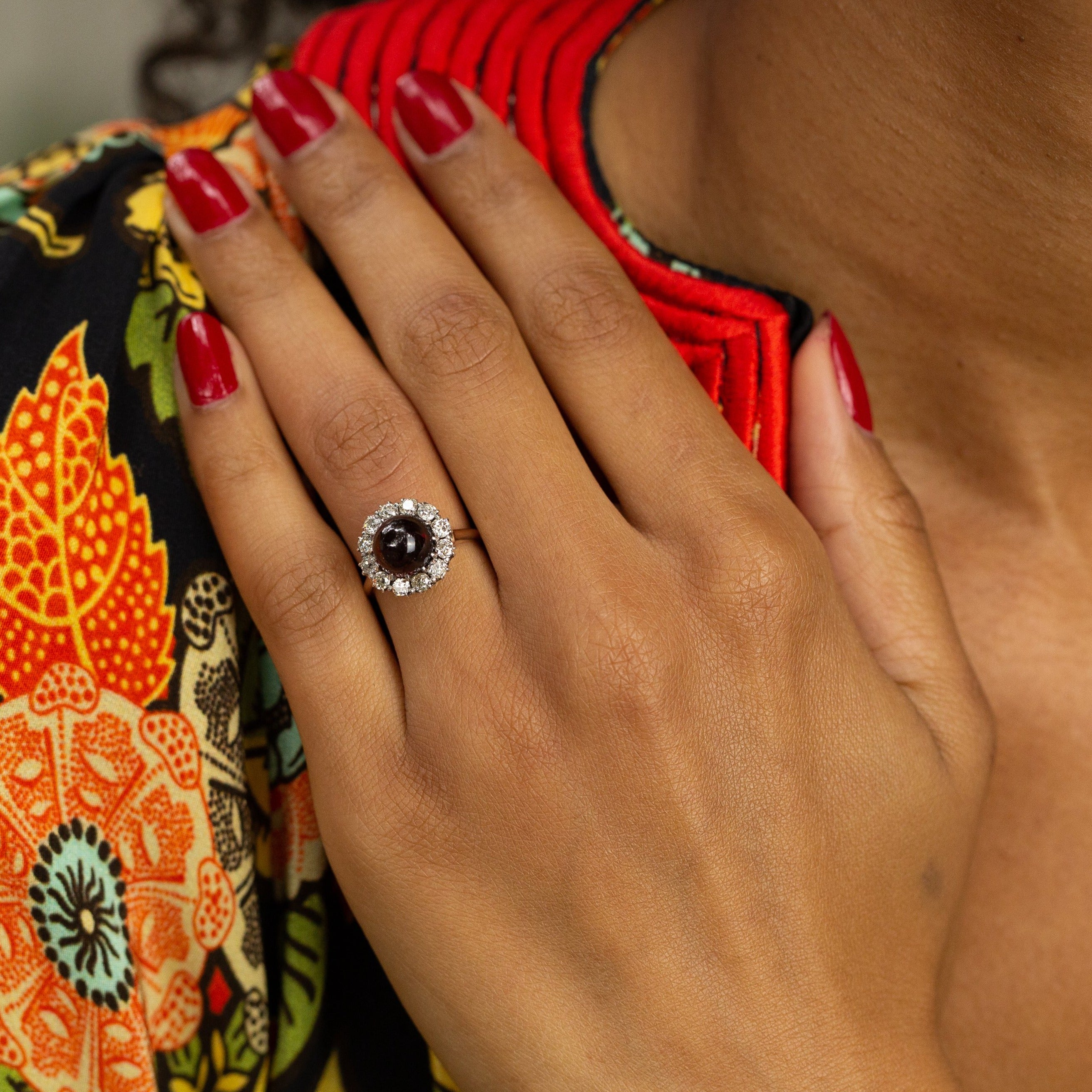 Victorian Garnet and Old Mine Cut Diamond Cluster Ring