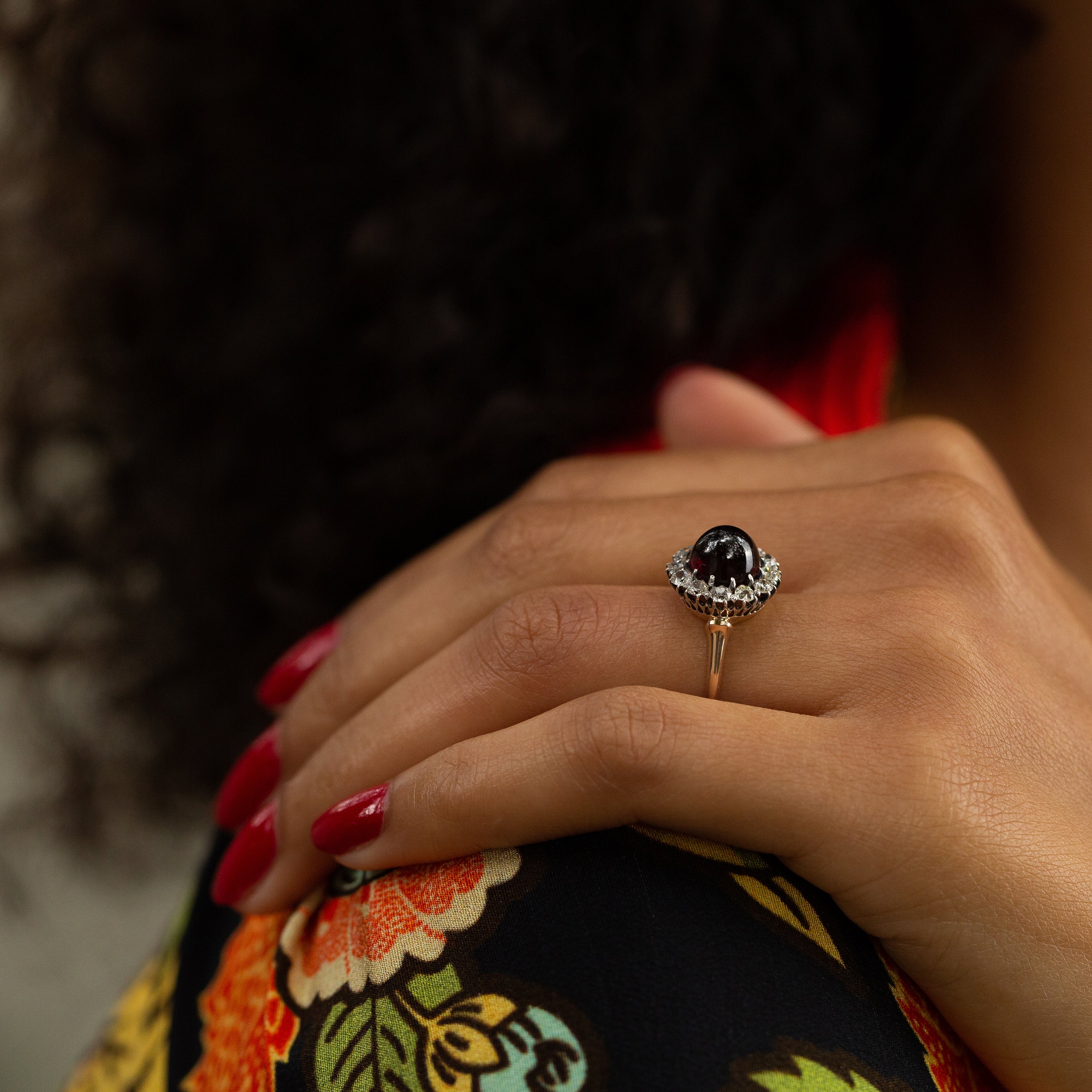 Victorian Garnet and Old Mine Cut Diamond Cluster Ring