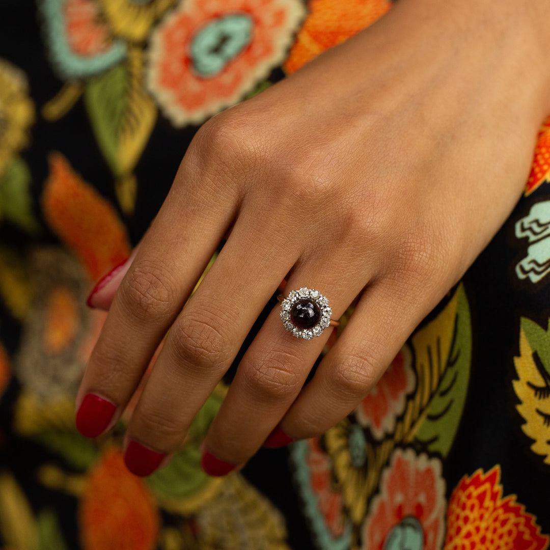 Victorian Garnet and Old Mine Cut Diamond Cluster Ring