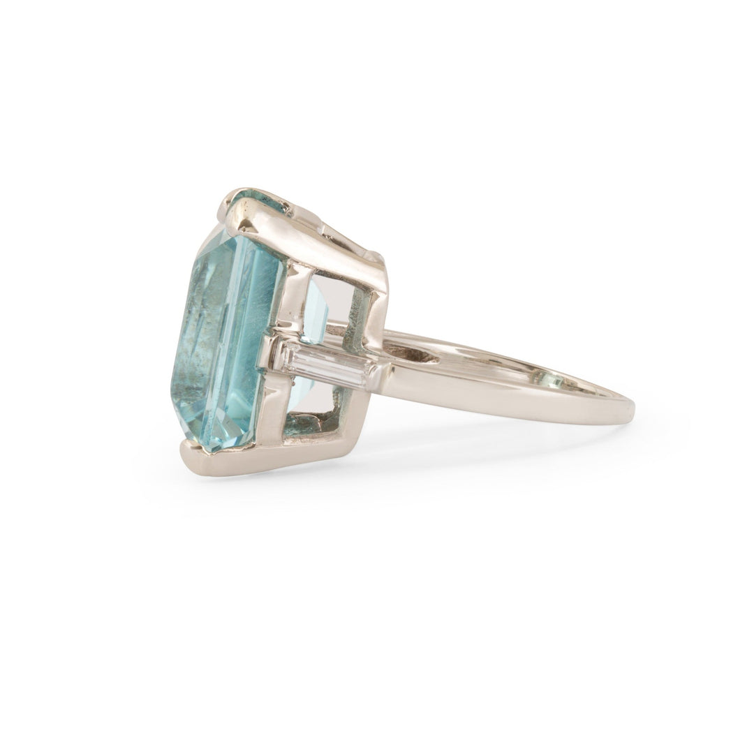 Large Aquamarine, Diamond Baguette, and 14k Gold Cocktail Ring