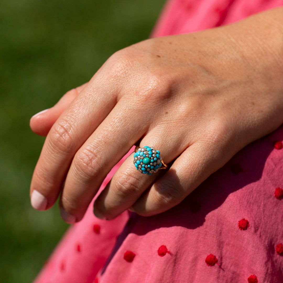 Turquoise, Pearl, Silver, and 14k Gold Cluster Ring