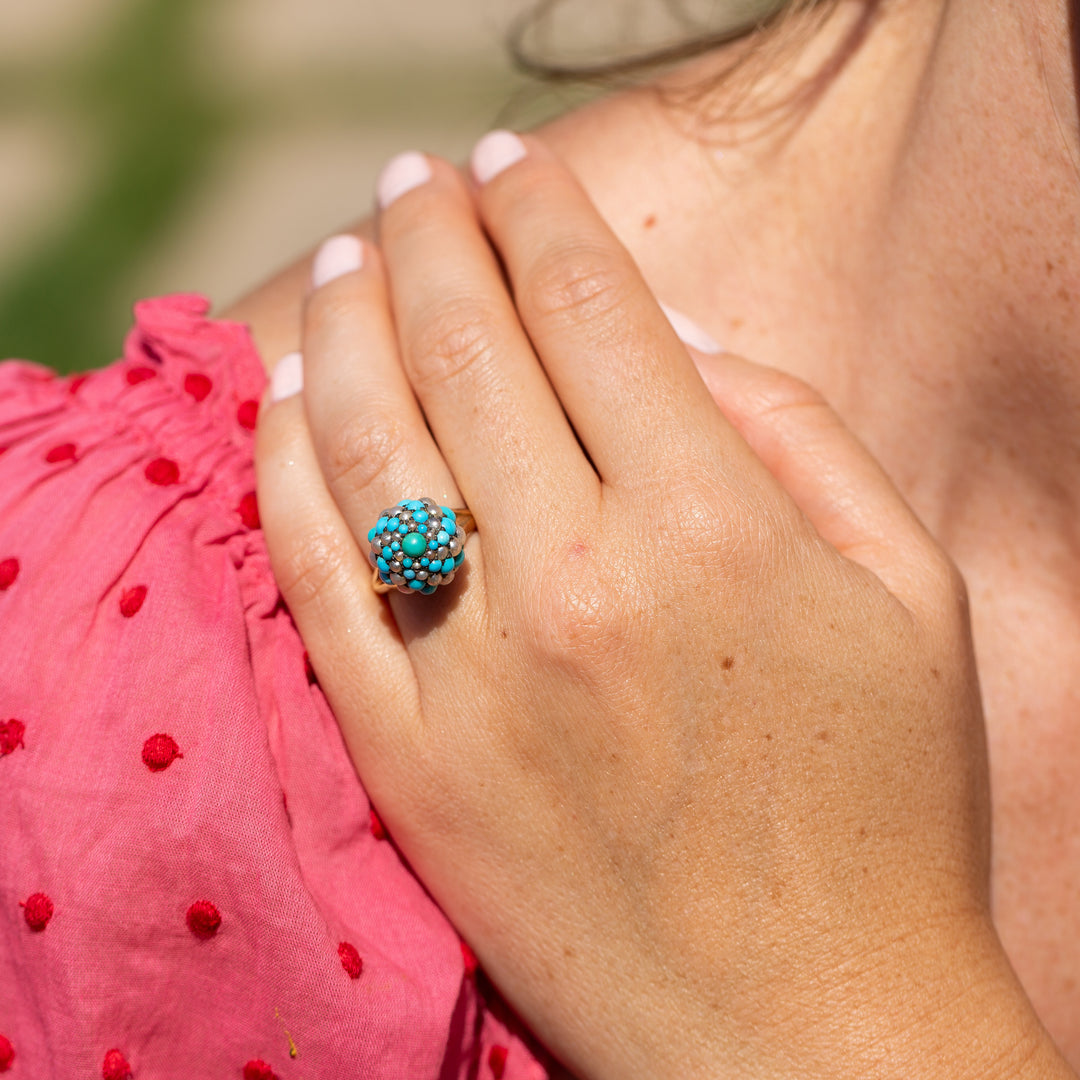 Turquoise, Pearl, Silver, and 14k Gold Cluster Ring