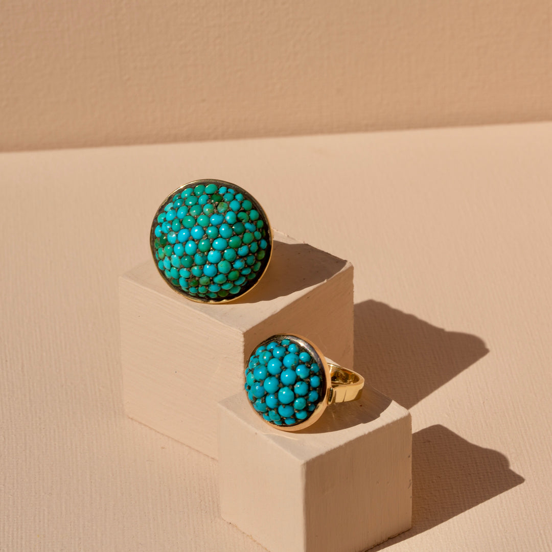 Victorian Large Turquoise Pavé, Silver, and 14k Gold Dome Ring